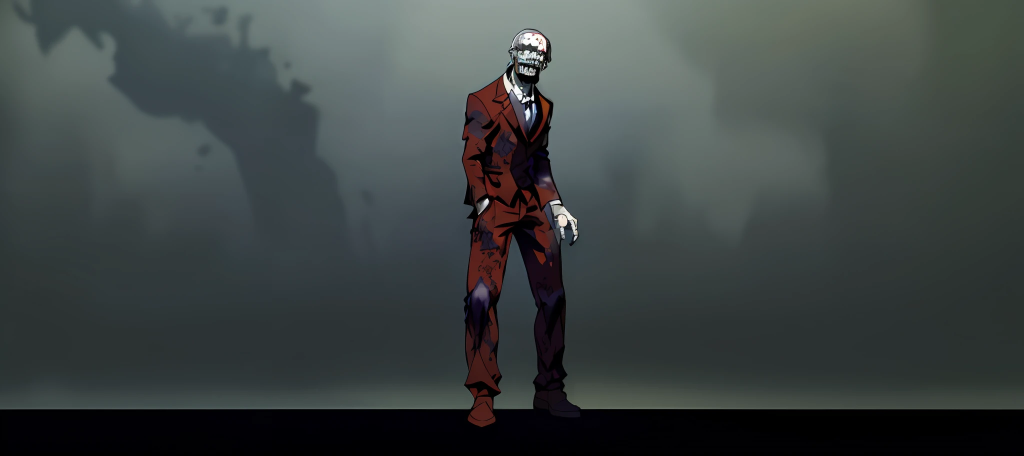 a close up of a person standing in a suit with a bloody face, zombie in horror concept art, undead. highly detailed, full body character, 7 days to die zombie, male character, zombified, full body shot hyperdetailed, zombie, cinematic full character, full body single character, evil standing smiling pose, jack baker from resident evil 7, full body model