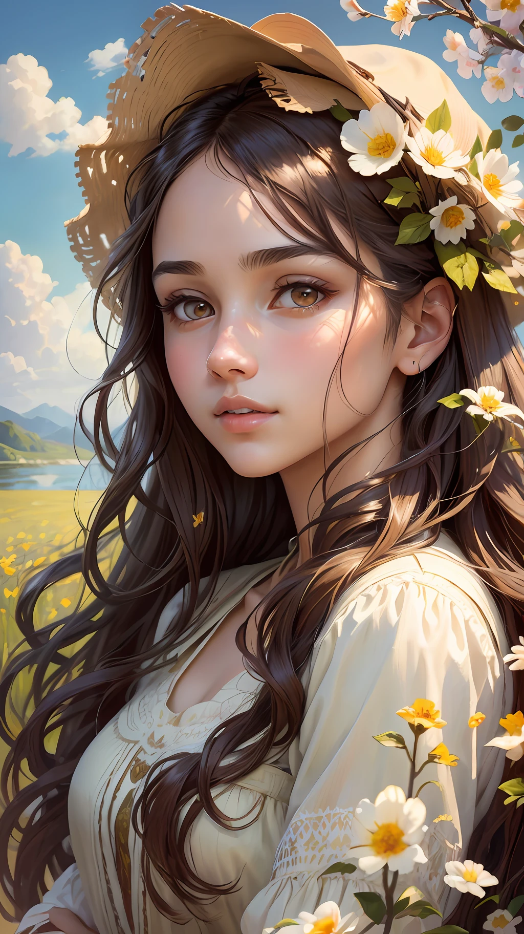 masterpiece, oil painting style, best quality, Highly detailed, Highly definition, scenery of a flowering field, 1girl, 20s, gorgeous face, beautiful nose, detailed eyes, beautiful eyes, Brown skin, long wavy hair, spring, wearing spring outfit, UHD, natural light, Sun lights, model pose, by Greg Rutkowski and Alphonse Mucha