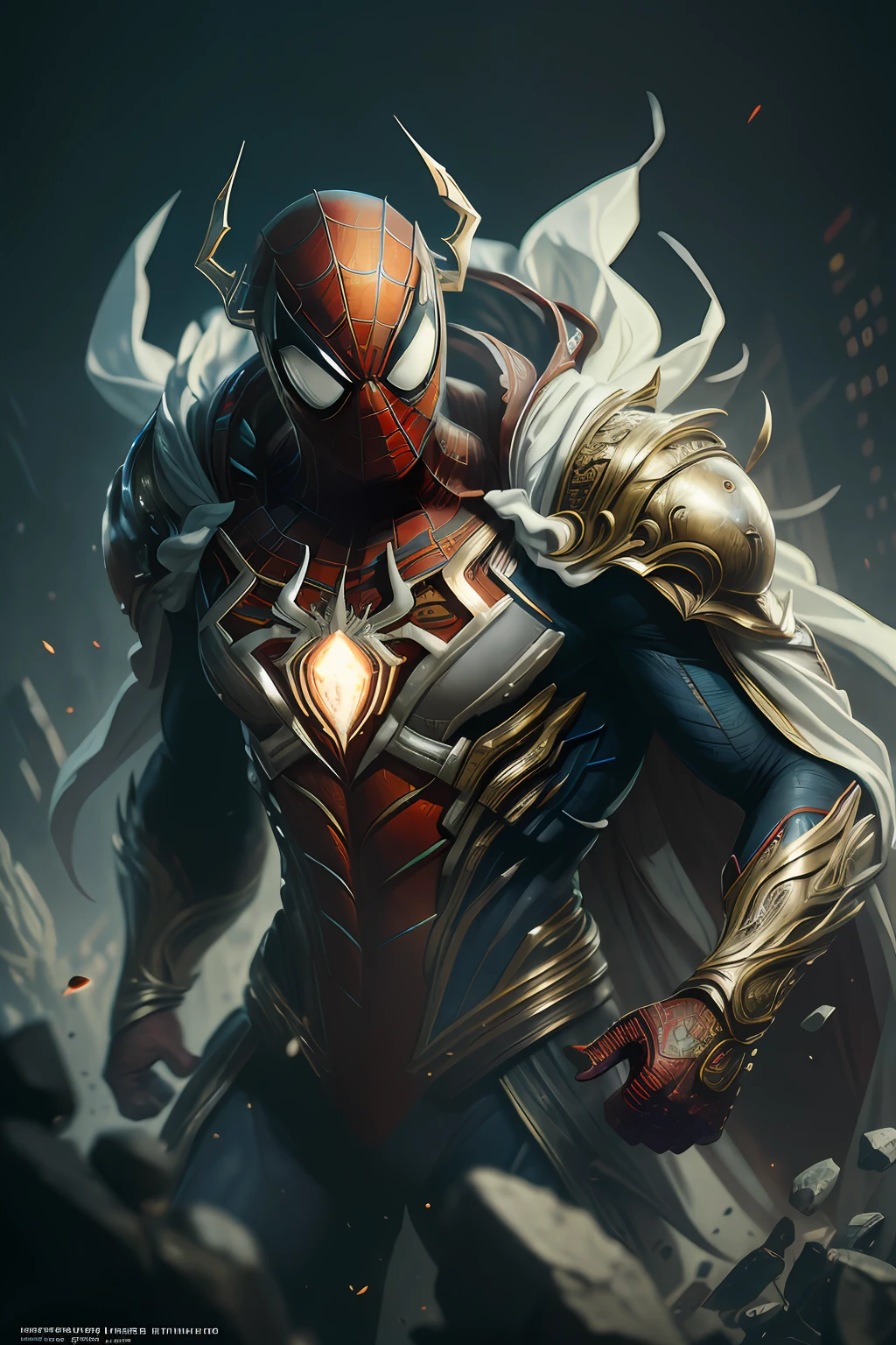 full body shot of spiderman in white and gold armour style suit, no mask on, white cape, looking at center camera, perfect composition, beautiful detailed intricate insanely detailed octane render trending on artstation, 8 k artistic photography, photorealistic concept art, soft natural volumetric cinematic perfect light, chiaroscuro, award - winning photograph, masterpiece, oil on canvas, raphael, caravaggio, greg rutkowski, beeple, beksinski, giger, trending on artstation, sharp focus, studio photo, intricate details, highly detailed, night city background, by greg rutkowski