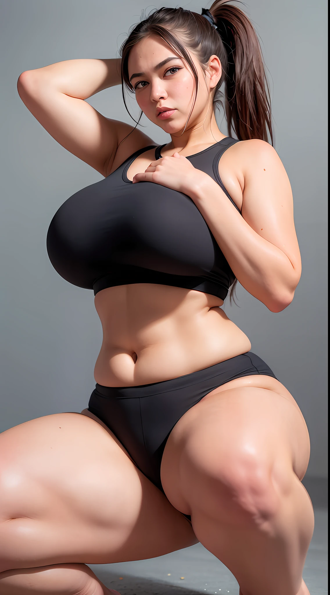 1 girl, thick girl, yoga pants, squat,open legs, open thighs, crotch, bite camel toe, sweaty skin, big breasts,put hands behind head,ponytail, underarm, frown, sanpaku eyes