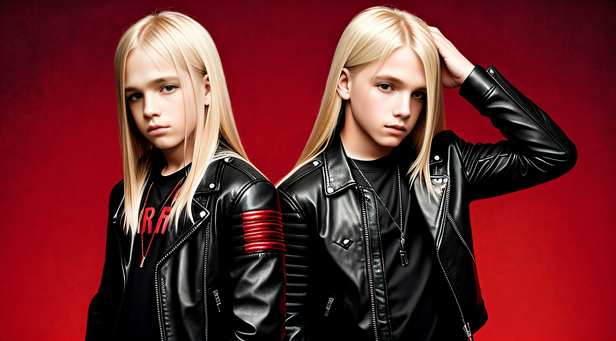 blonde  boys WITH STRAIGHT HAIR fire music photo, elemental, portrait, RED BACKGROUND, black leather jacket and black clothing. .