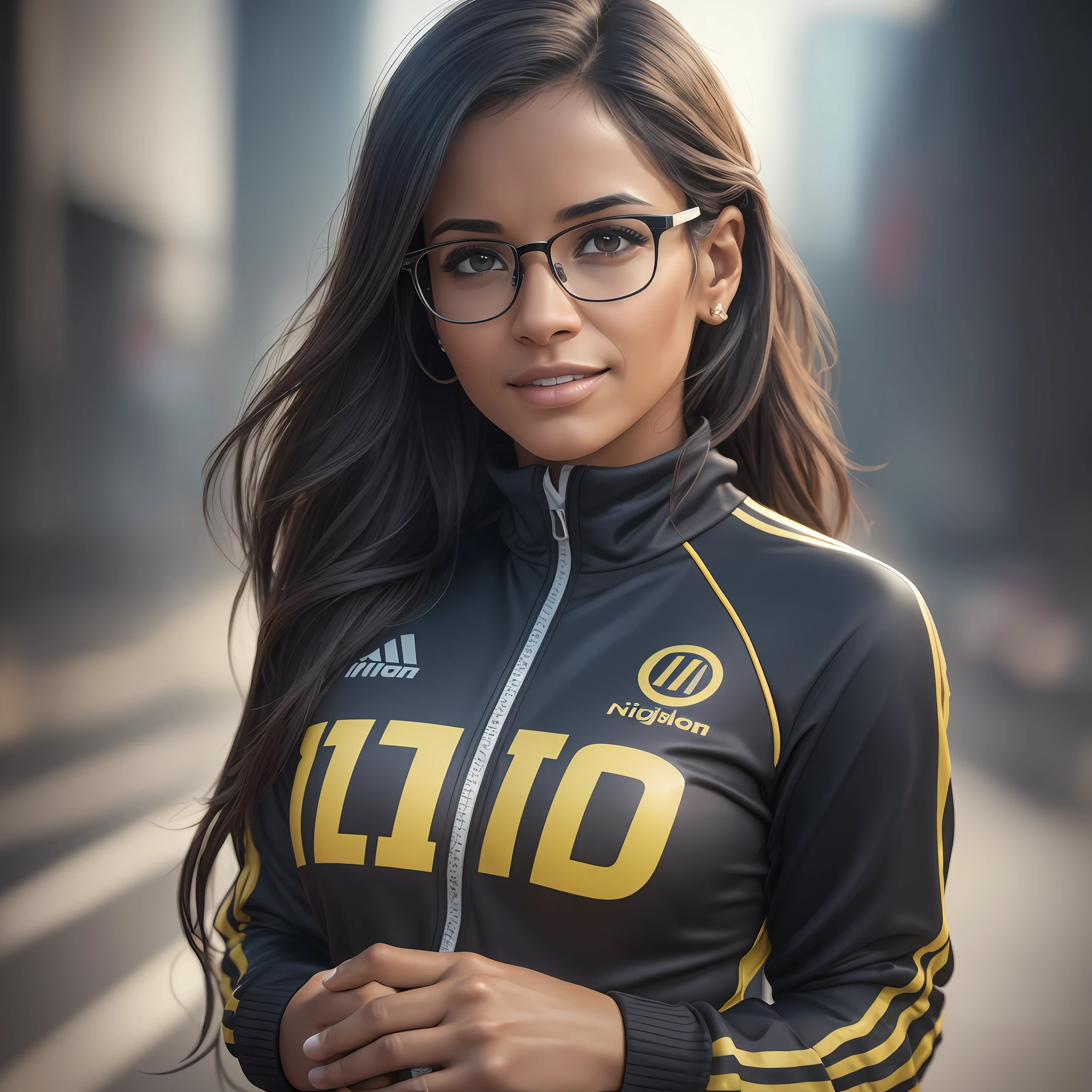 beautiful colombian woman, 25 years old, with glasses, in track suit, off the track field, ((thin, small)), photorealistic, photo, masterpiece, realistic, realism, photorealism, high contrast, photorealistic digital art trend in Artstation 8k HD high definition detailed realistic, detailed, skin texture, hyper detailed, realistic skin texture, armor, best quality, ultra high resolution, (photorealistic: 1.4), High resolution, detailed, raw photo, sharp re, by lee jeffries Nikon D850 film stock photography 4 kodak camera portra 400 lens f1.6 rich colors hyper realistic texture realistic dramatic lighting unrealengine trending on artstation cinestill 800, smiling, dark eyes --auto --s2