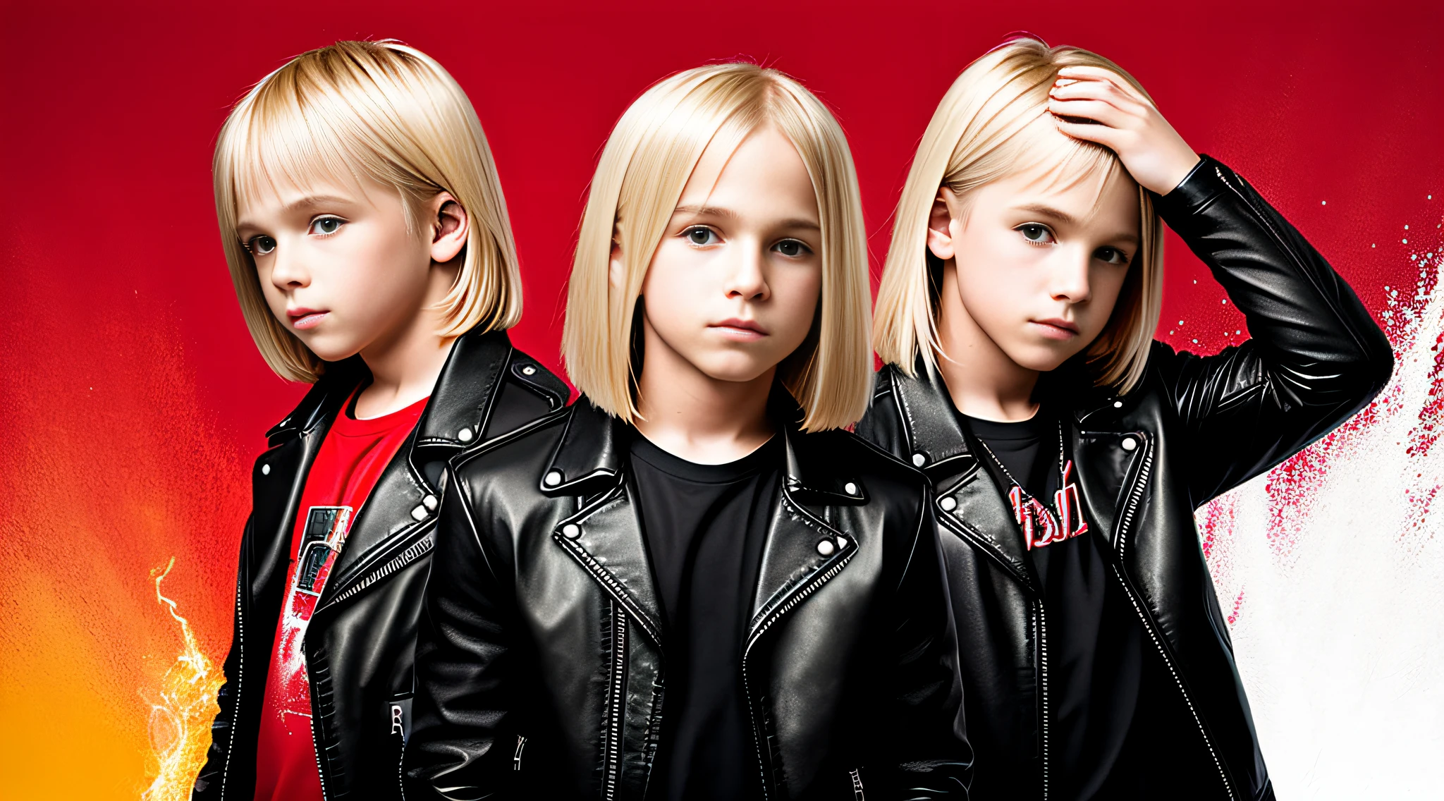 blonde boys WITH STRAIGHT HAIR fire music photo, elemental, portrait, RED BACKGROUND, black leather jacket and black clothing. .