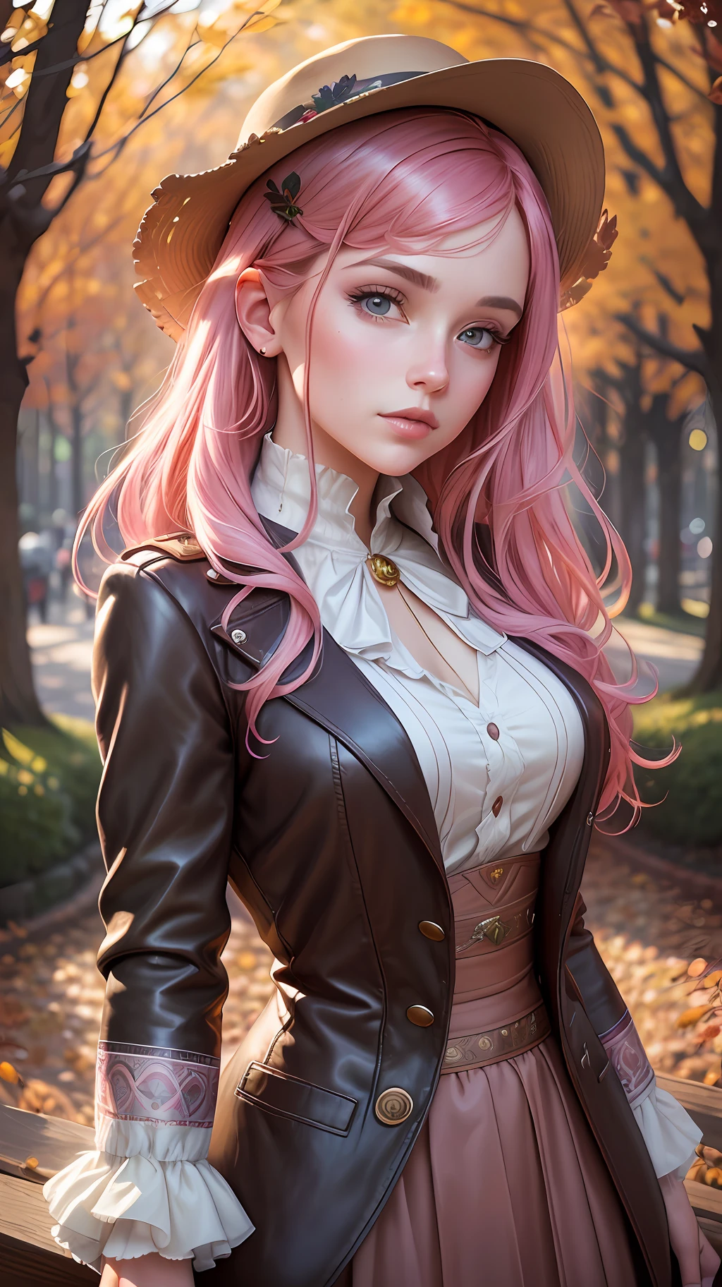 masterpiece, best quality, Highly detailed, Highly definition, park scenary, 1girl, 20s,  gorgeous face, beautiful nose, detailed eyes, beautiful eyes, pink hair, autumn, wearing autumn outfit, UHD, natural light, model pose, by Greg Rutkowski and Alphonse Mucha