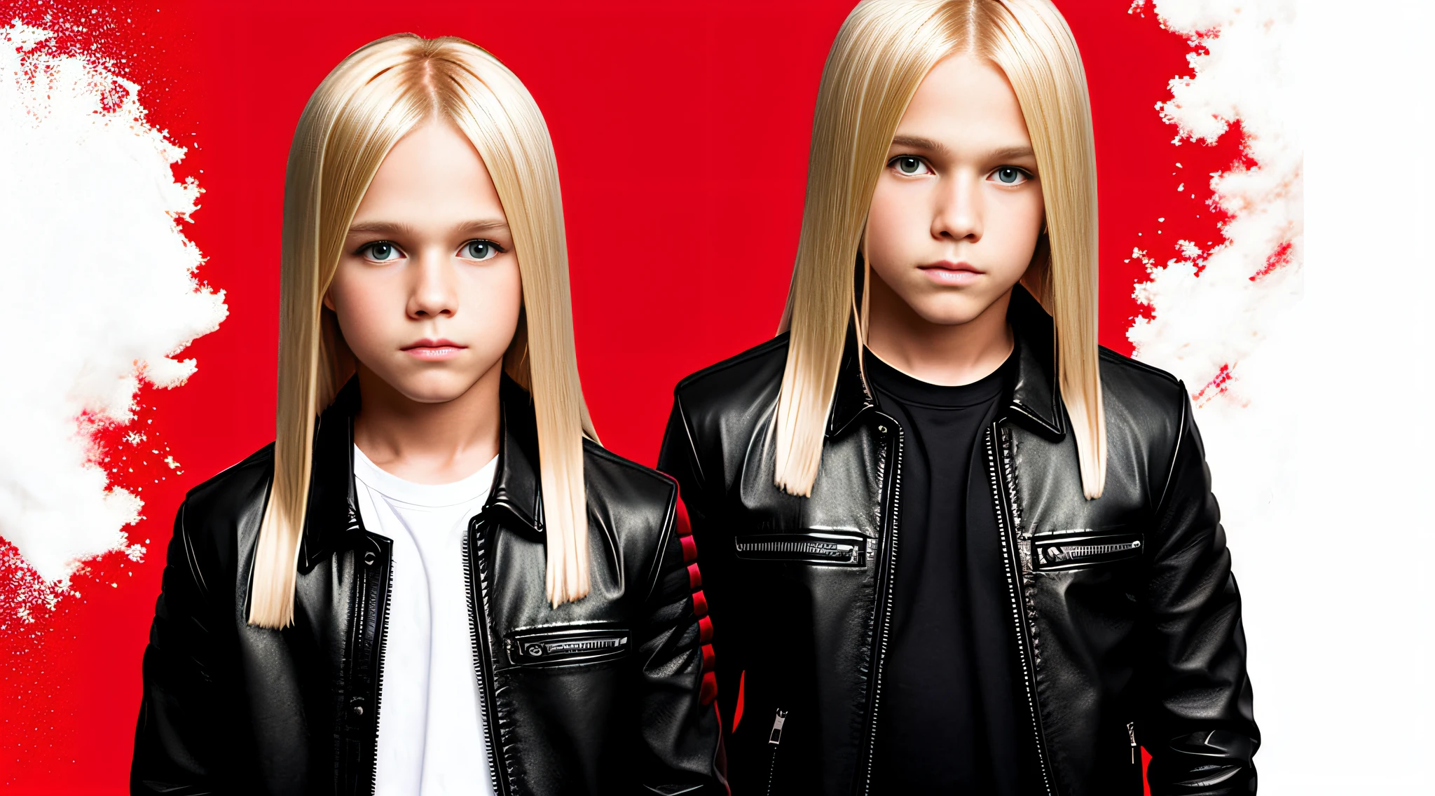 blonde boys WITH STRAIGHT HAIR fire music photo, elemental, portrait, RED BACKGROUND, black leather jacket and black clothing. .