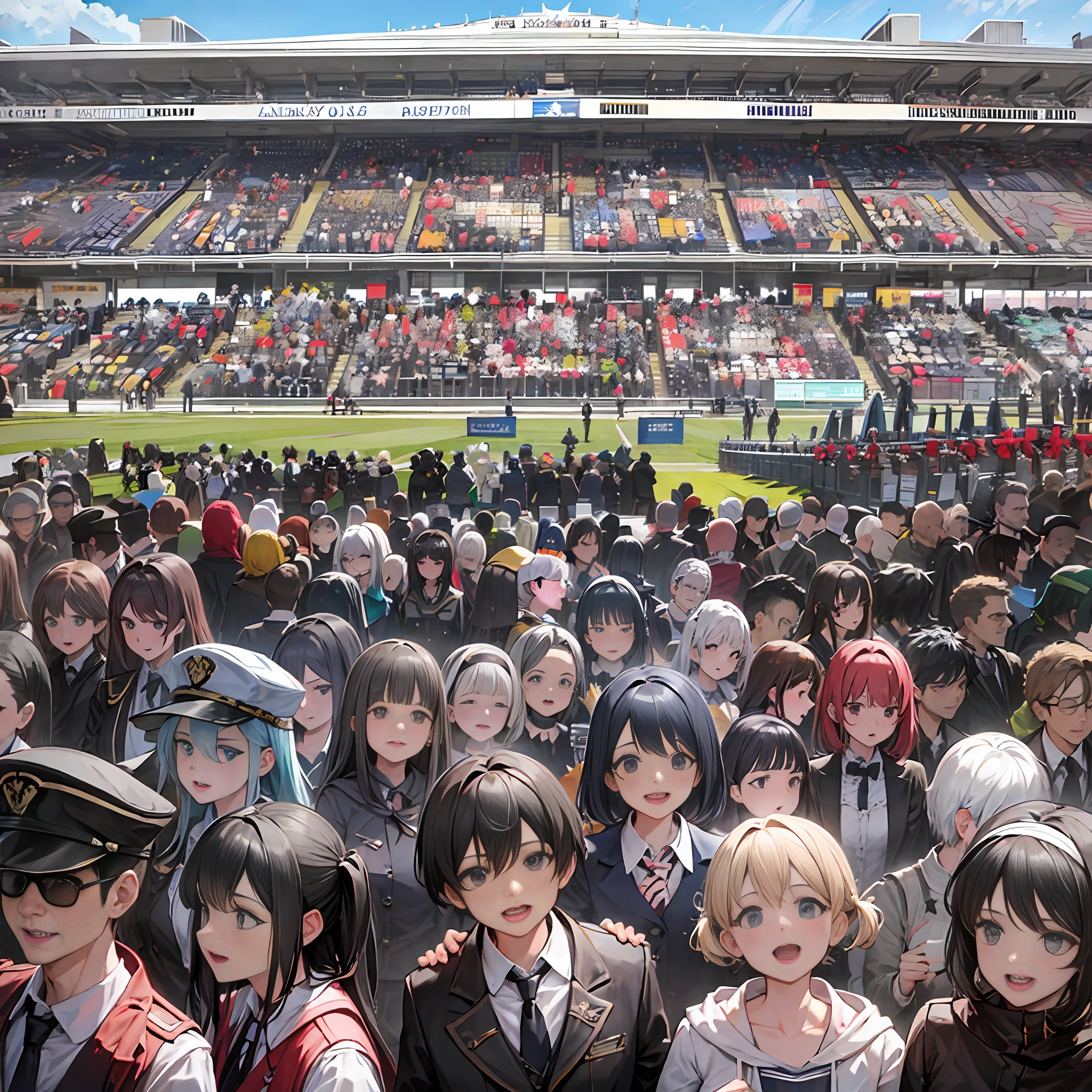 racecourse stand, black hair, big crowd, spectator, enthusiastic, --auto --s2