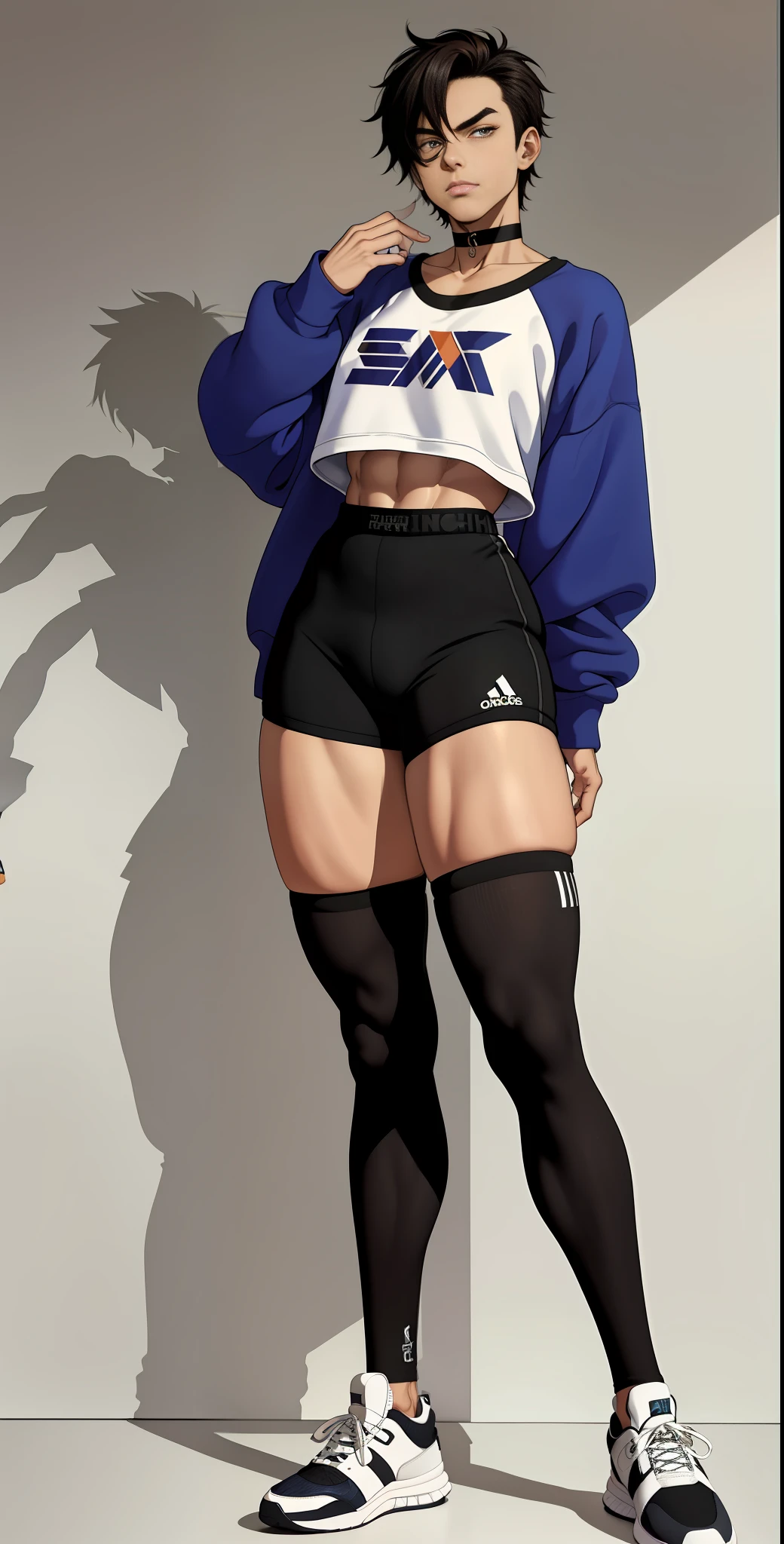 1boy, male, provocative look, toned, choker, sweatshirt g, thigh socks, sneakers, smug, big thighs, big ass