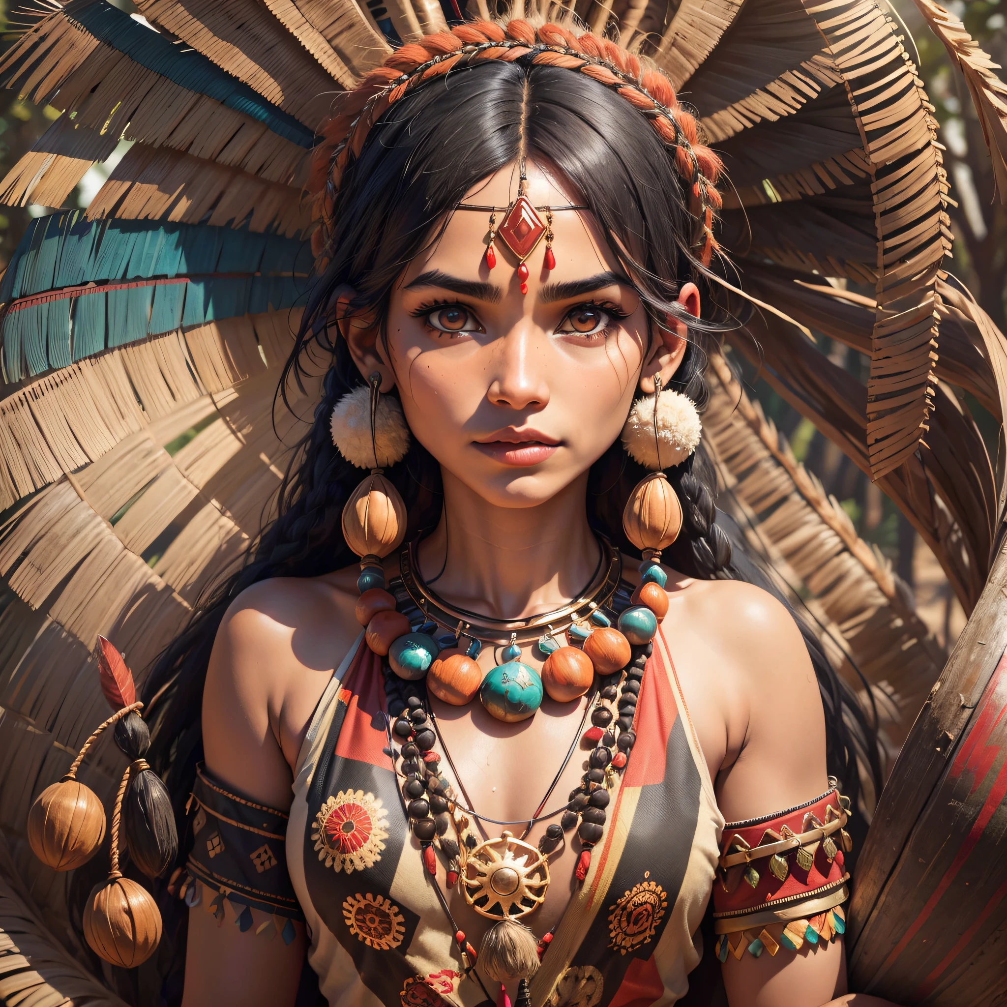 The image shows the Indian woman with features more typical of the indigenous people of the Amazon rainforest region. She has straight, black hair, cut at shoulder height. She has tanned skin and almond-shaped eyes. She is wearing a short cotton dress, dyed red with annatto. She has several necklaces and bracelets of seeds, feathers and teeth of animals. She has body paintings of geometric shapes, made with jenipapo. She has a knife in her left hand and a bow and arrow in her back. The image highlights its natural beauty and its cultural identity., Message received. The image shows the Indian woman with features more typical of the indigenous people of the Amazon rainforest region. She has straight, black hair, cut at shoulder height. She has tanned skin and almond-shaped eyes. She is wearing a short cotton dress, dyed red with annatto. She has several necklaces and bracelets of seeds, feathers and teeth of animals. She has body paintings of geometric shapes, made with jenipapo. She, Expressionism, image fill, 8k, anatomically correct --auto --s2