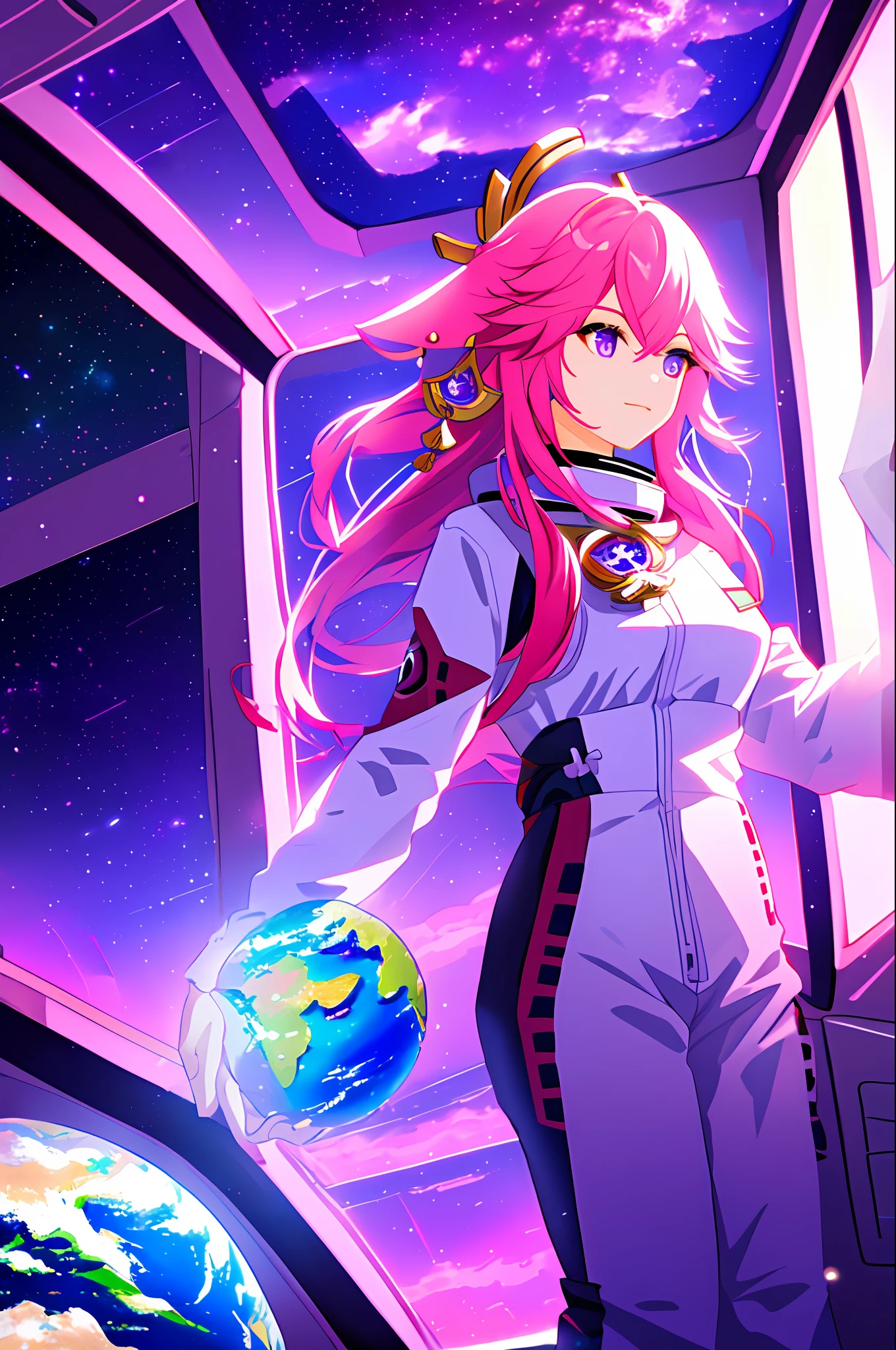 digital art, yae miko, pink hair, purple eyes, (beautiful woman, astronaut clothes), (floating inside a spaceship, window with view of the earth in the background), (intricate, Cinematic lighting, glowing, dramatic lighting, beautiful detailed glow)