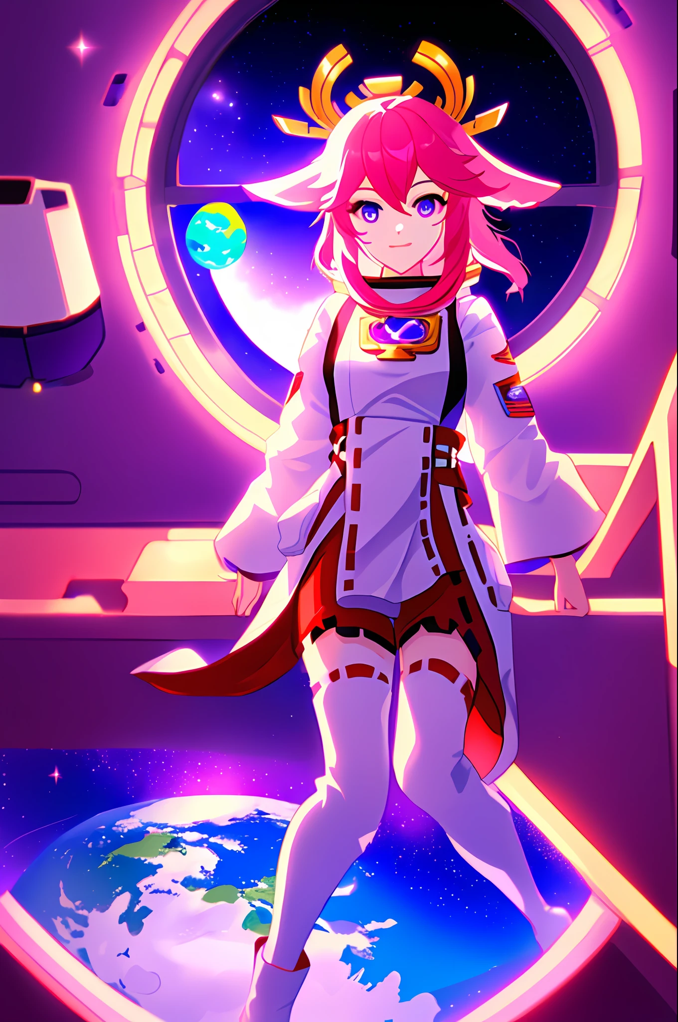 digital art, yae miko, pink hair, purple eyes, (beautiful woman, astronaut clothes), (floating inside a spaceship, window with view of the earth in the background), (intricate, Cinematic lighting, glowing, dramatic lighting, beautiful detailed glow)