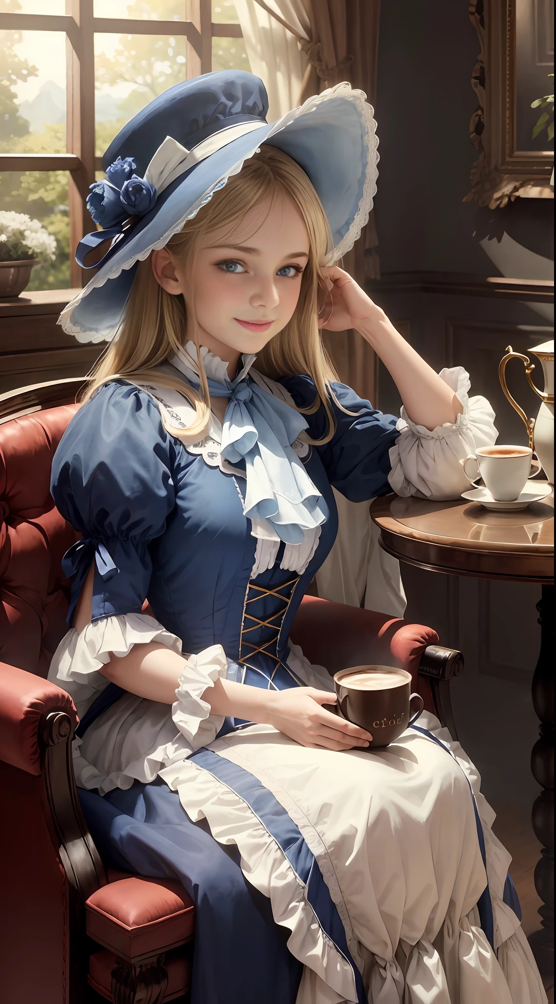 8k uhd, dslr, film grain, Fujifilm XT3, (best quality: 1.3), (masterpiece: 1.1), high resolution, cinematic light, intricate details, (photorealistic), outside, beautiful outside, sunny,
Blonde girl, blue eyes, long hair, silky skin, (in coffee: 1.5) , bobcut covinhs, looking at the viewer, detailed trees, ribbons, blue hat, white fur gloves, blue scarf, long blue and white dress with ruffles, headrest, sitting, indoors (Victorian era), (smile), (full body: 1.6), slender,