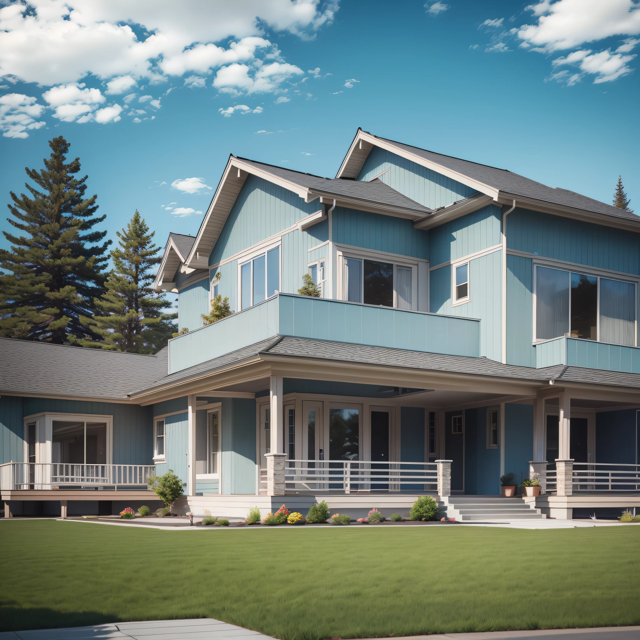a house on a pacific northwest suburban area that is partially represented by architectural blueprints that fade into partial construction that fades into finished house. --auto --s2