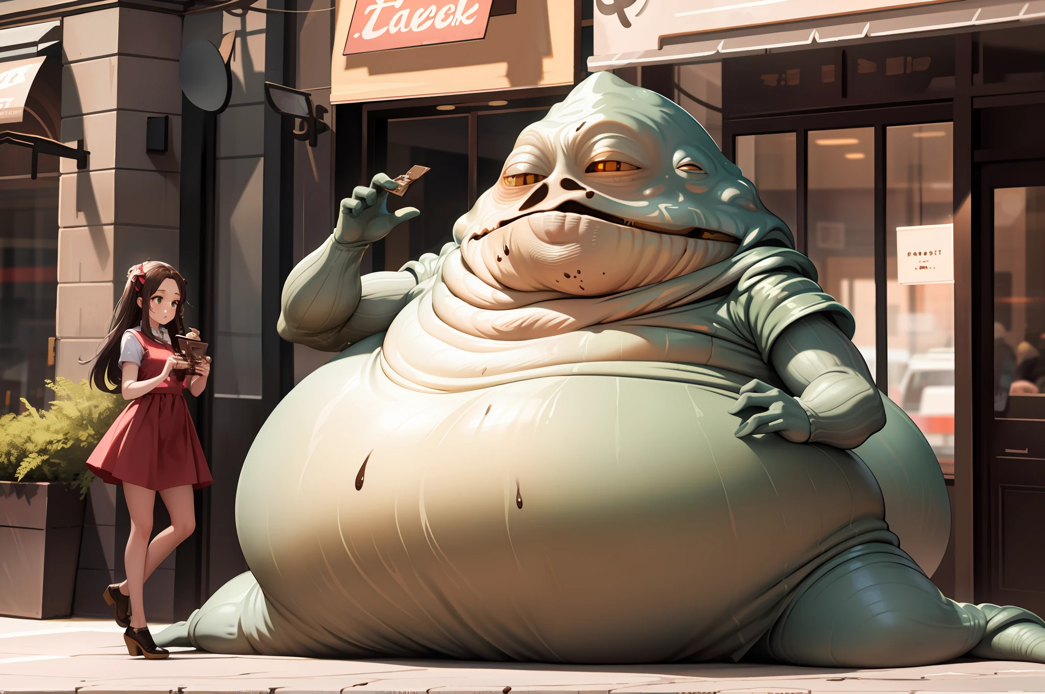 1girl, jabba, couple, shopping, storefront, eating chocolate, dripping chocolate,, masterpiece, best quality, highly detailed