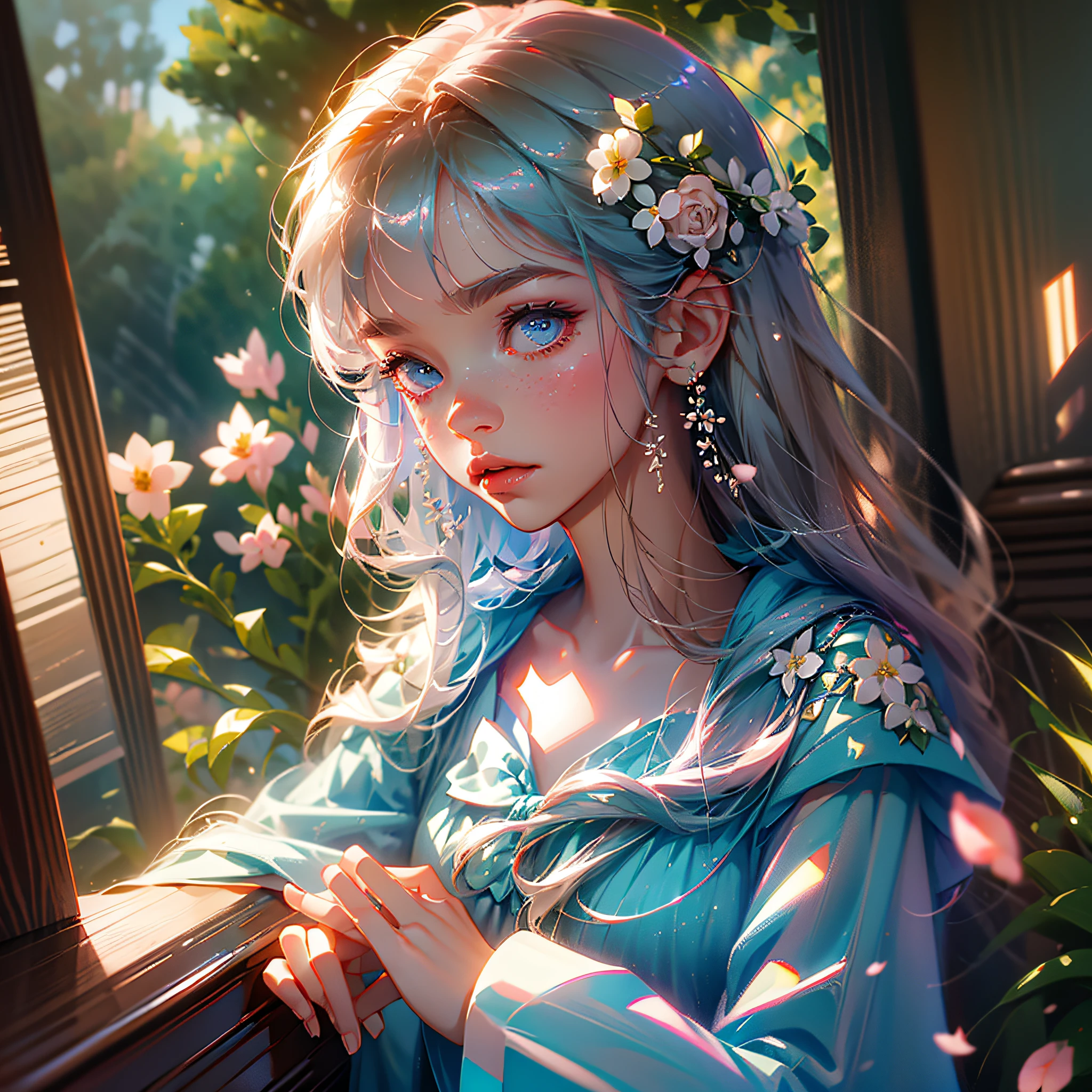 1girl, bangs, blonde hair, blue dress, blue eyes, blurry, blurry background, blurry foreground, bow, branch, cherry blossoms, collarbone, depth of field, dress, dutch angle, eyebrows visible through hair, flower, indoors, long hair, long sleeves, looking at viewer, own hands together, parted lips, petals, pink flower, rose, solo, very long hair, white dress, white flower, wide sleeves, --auto --s2