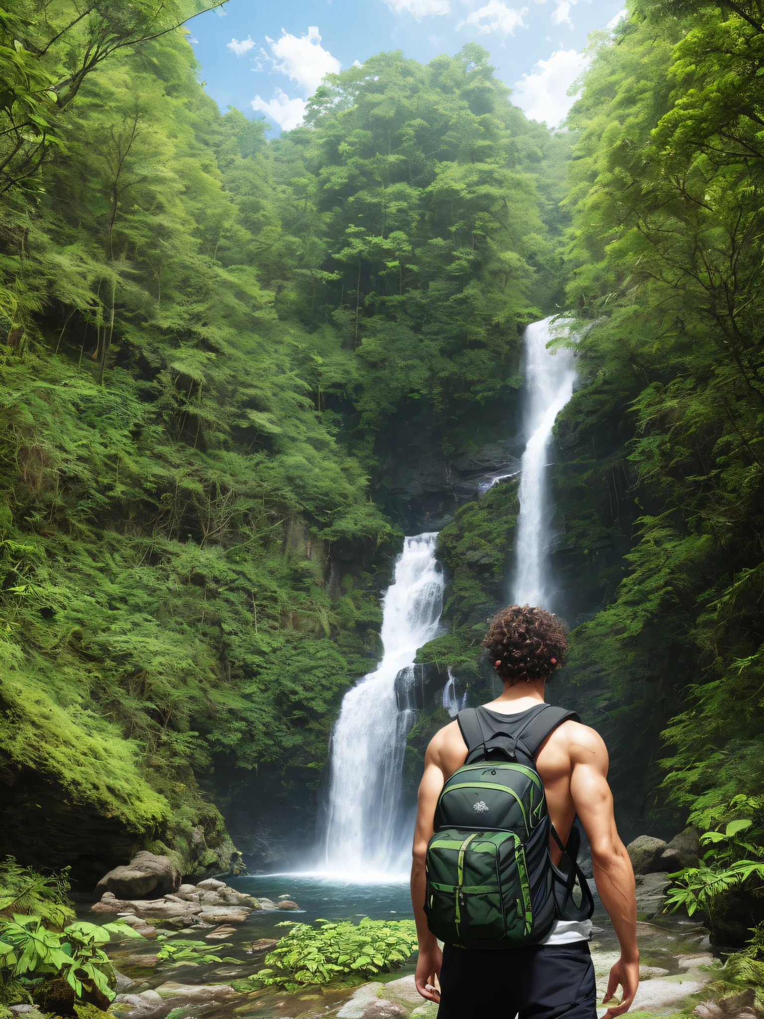 (8k, RAW photo, best quality, masterpiece: 1.2), (realistic, photorealistic: 1.37), a white man, muscular with some tattoos and scarring, carrying a backpack with several intens hanging from this muchila, the man has an adventurous style, curly brown hair, green eyes, extremely comfortable boots, he finds himself in a lost civilization, dark but at the same time full of much sunshine, Waterfalls, a lot of light in the water, in the leaves, complete detailing of vegetation and some butterflies with vibrant colors, a lot of brightness, professional lighting, photon mapping, radiosity, sky with few clouds, a lush landscape, this man is almost in profile, with one of his arms raised with his hand closed, indicating satisfaction and overcoming