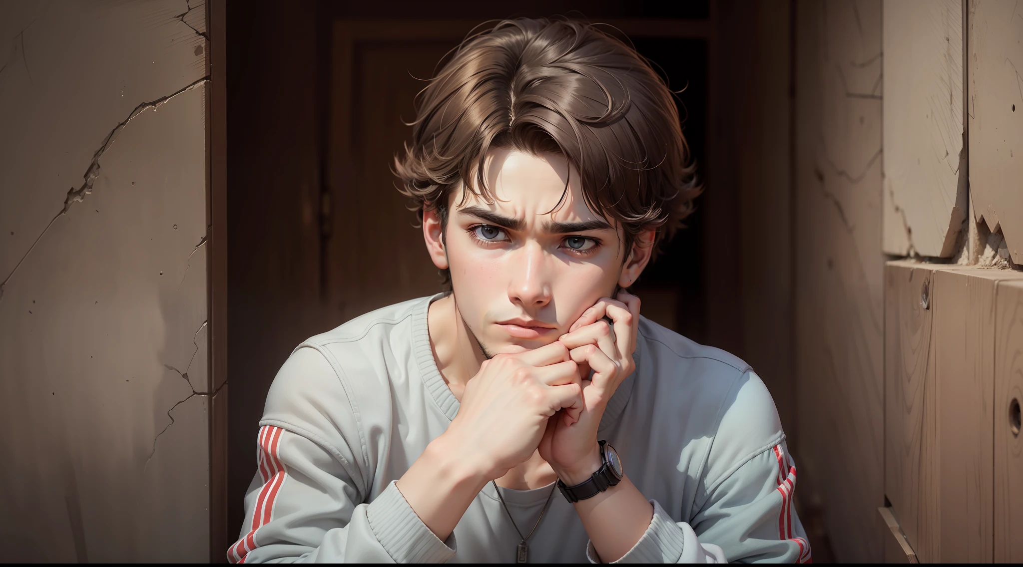 an young men thinking about something unexpected that happenned, instead of getting upset, he ttok moment to think. --auto --s2