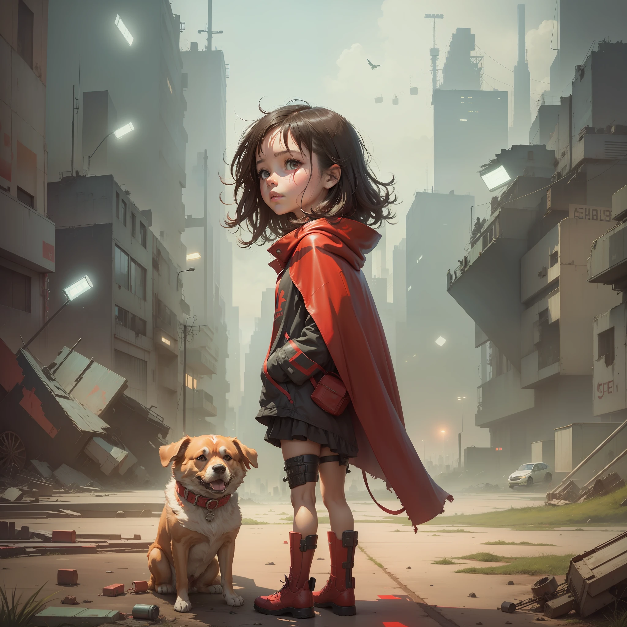 A girl, wearing a red cape, next to her dog, watching a super technological, dystopian, post-apocalyptic city, dominated by artificial intelligence and robots. In the background, the whole city destroyed, neon billboards broken, cars abandoned, vegetation growing all over the buildings. Cute watercolor style, kids book style --auto --s2