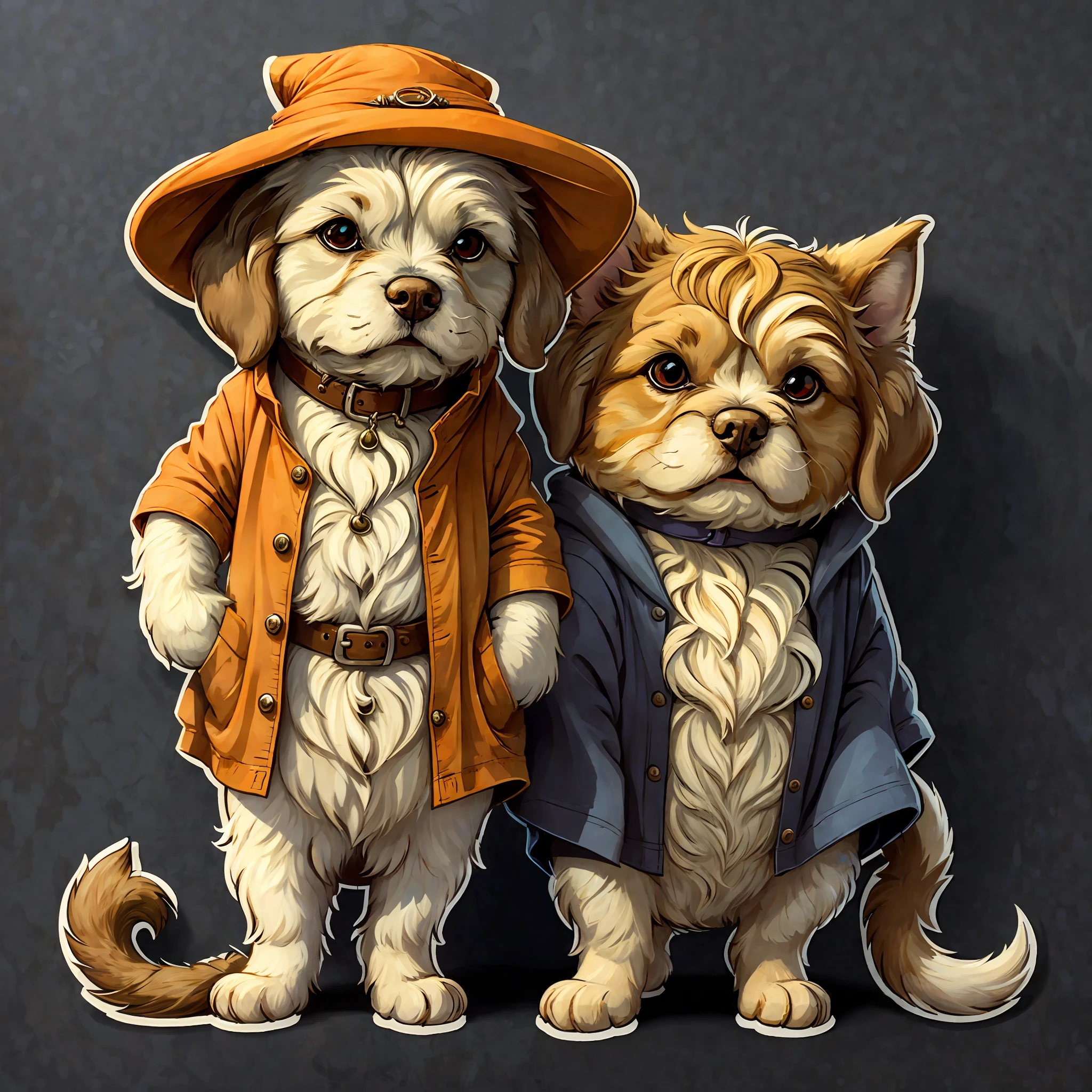 STICKER, cute cartoon sticker of a dog cosplaying as bilbo baggins, simple background