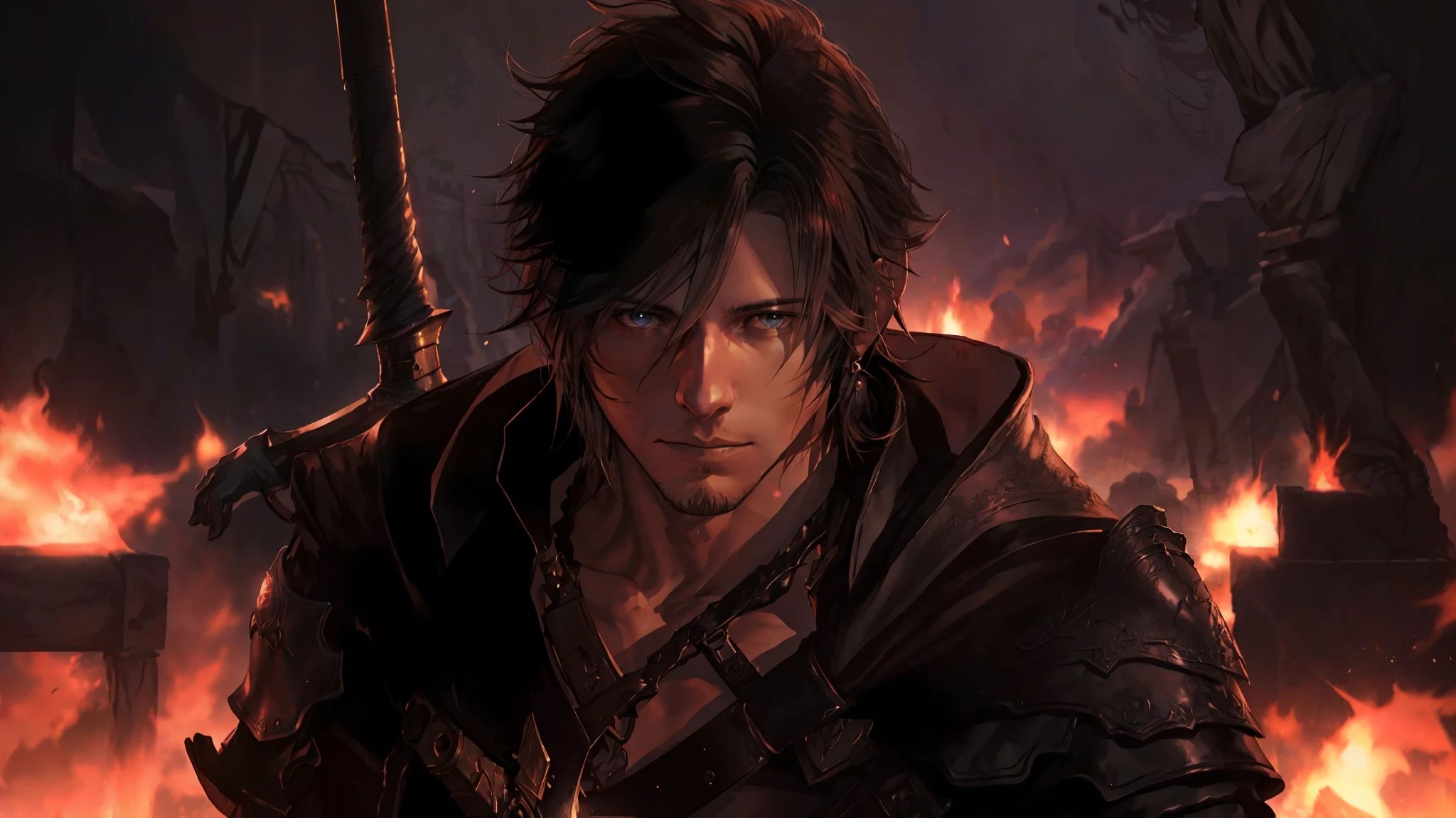 (Final Fantasy XVI) A close-up of a man with a sword on his back in front of a fire, Thancred Waters, Thancred Waters in the style of Wlop, Shadowbringers Cinematic, Portrait of Thancred, Final Fantasy 1 4 Screenshot, Square Enix Cinematic Art, Tsurumaki Kazuya, Final Fantasy 1 4, Handsome Prince of Persia.