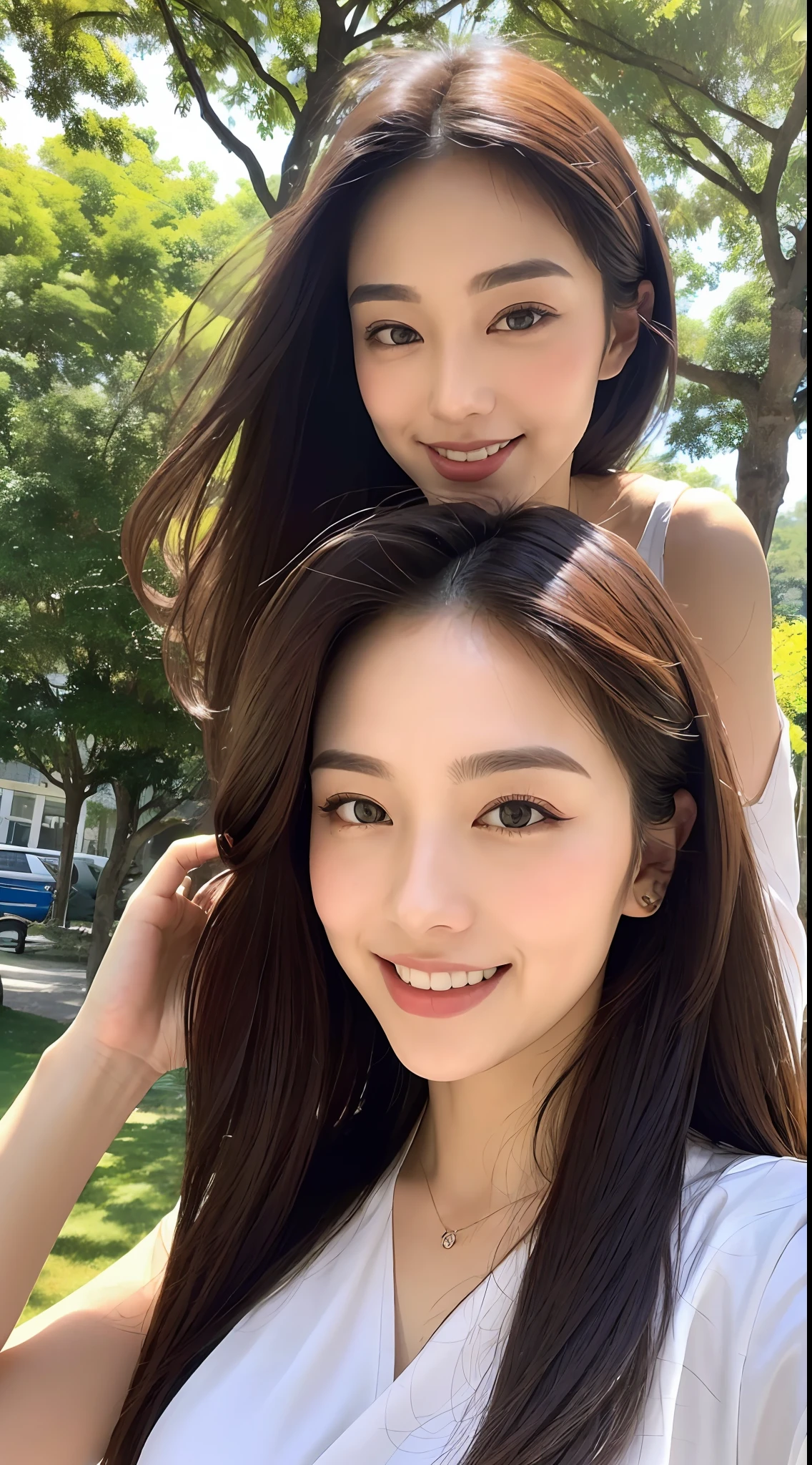 ((Best Quality, 8K, Masterpiece: 1.3)), Upper Body (1.3), Huge (5), Exposed, Outstanding Style, Gentle Face, Parallel Eyebrows, Smile, Natural Makeup, Accented Clothes, Refreshing, Lunch in a Café in the Sun, Walk Through the Trees of the City