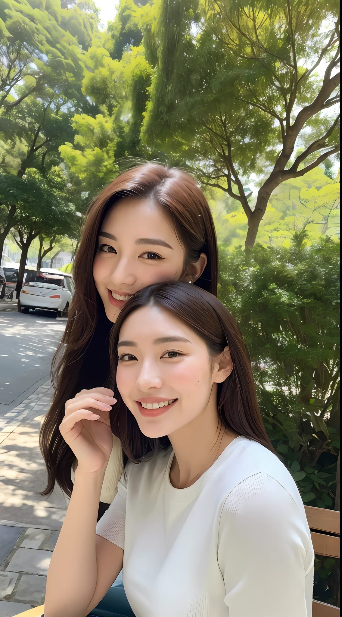 ((Best Quality, 8K, Masterpiece: 1.3)), Upper Body (1.3), Huge (5), Exposed, Outstanding Style, Gentle Face, Parallel Eyebrows, Smile, Natural Makeup, Accented Clothes, Refreshing, Lunch in a Café in the Sun, Walk Through the Trees of the City