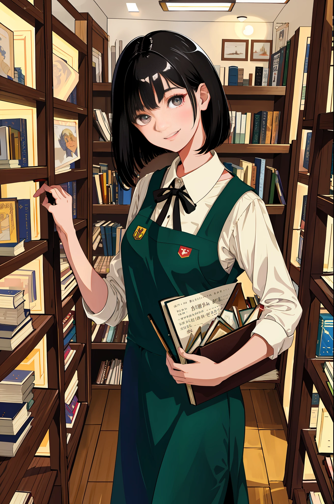 masterpiece, (top quality: 1.2), illustration, female clerk in a used bookstore, short black hair, beautiful face, 18 years old, apron, beautiful smile, beautiful eyes, perfect proportions, 200mm F1.4 lens, holding a bunch of books,