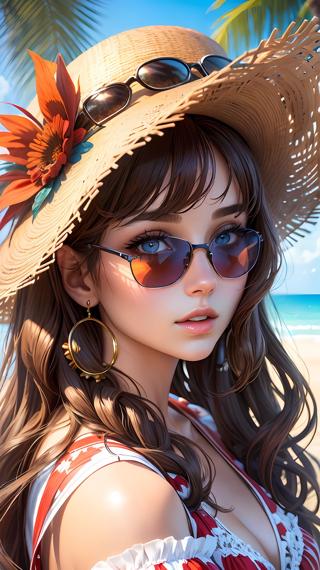 masterpiece, best quality, Highly detailed, Highly definition, beach party scenary, 1girl, 20s, gorgeous face, beautiful nose, detailed eyes, beautiful eyes, Red long hair, using Sun glasses, Waring Summer outfit