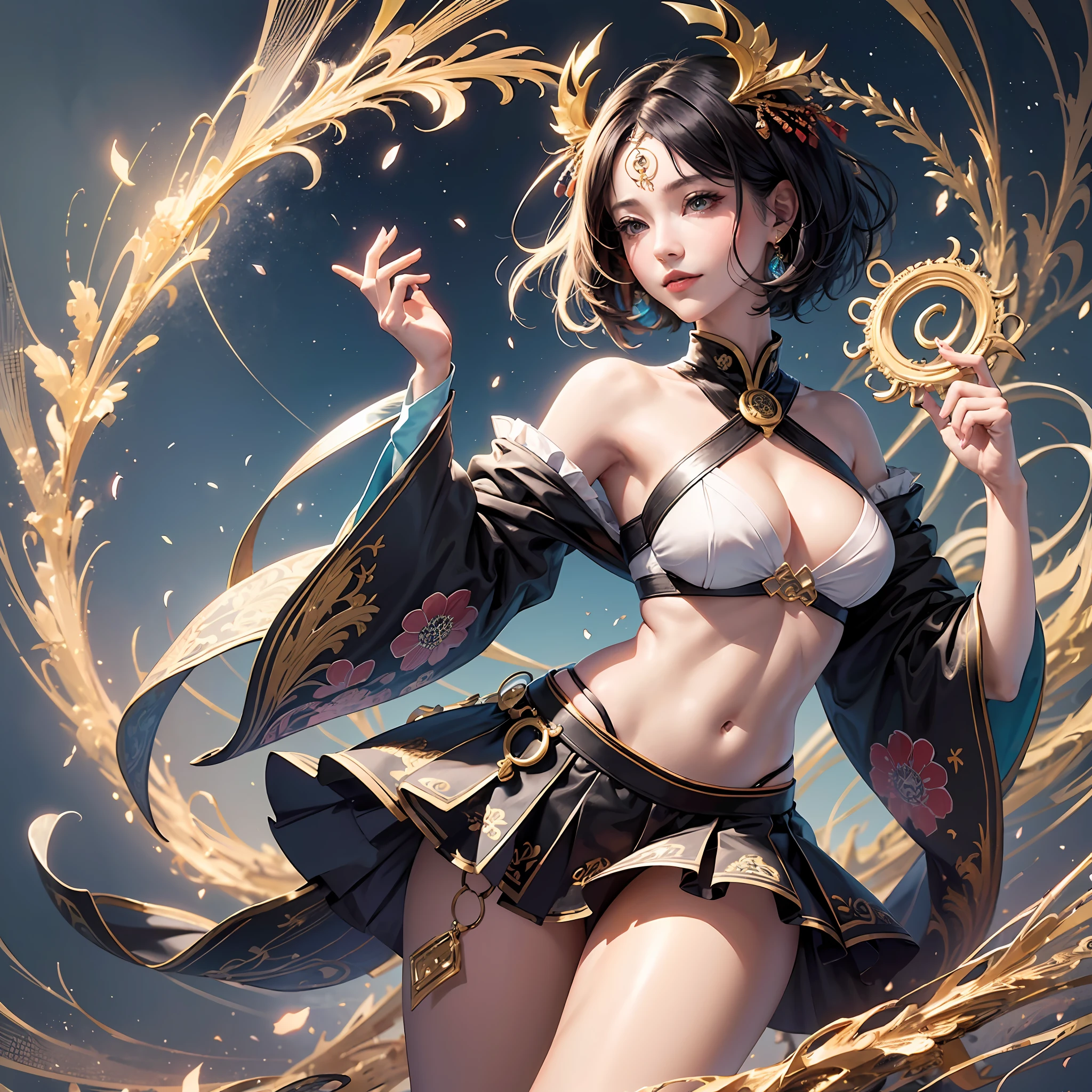 Official Art, Unified 8K Wallpaper, Ultra Detail, Beautiful and Aesthetic, Masterpiece, Best Quality, (Zentangle, Tangled, Intertwined), (Fractal Art: 1.4), 1girl, Beautiful Girl,Black Hair Bob, Inner Color, Bare Shoulders, Short Skirt, Calf, Abs, Very Detailed, Dynamic Angle, (Chaos of the Most Beautiful Shape), Flowing, (Bright Color), OC, (Half: 1.2), Japan, (Tunka Flying Sky: 1.5), (Ribbon: 1.3), (Dream: 1.5), (Japanese style: 1.5), Japan Ryujin, (Smile: 0.5), (God of Japan), --auto --s2