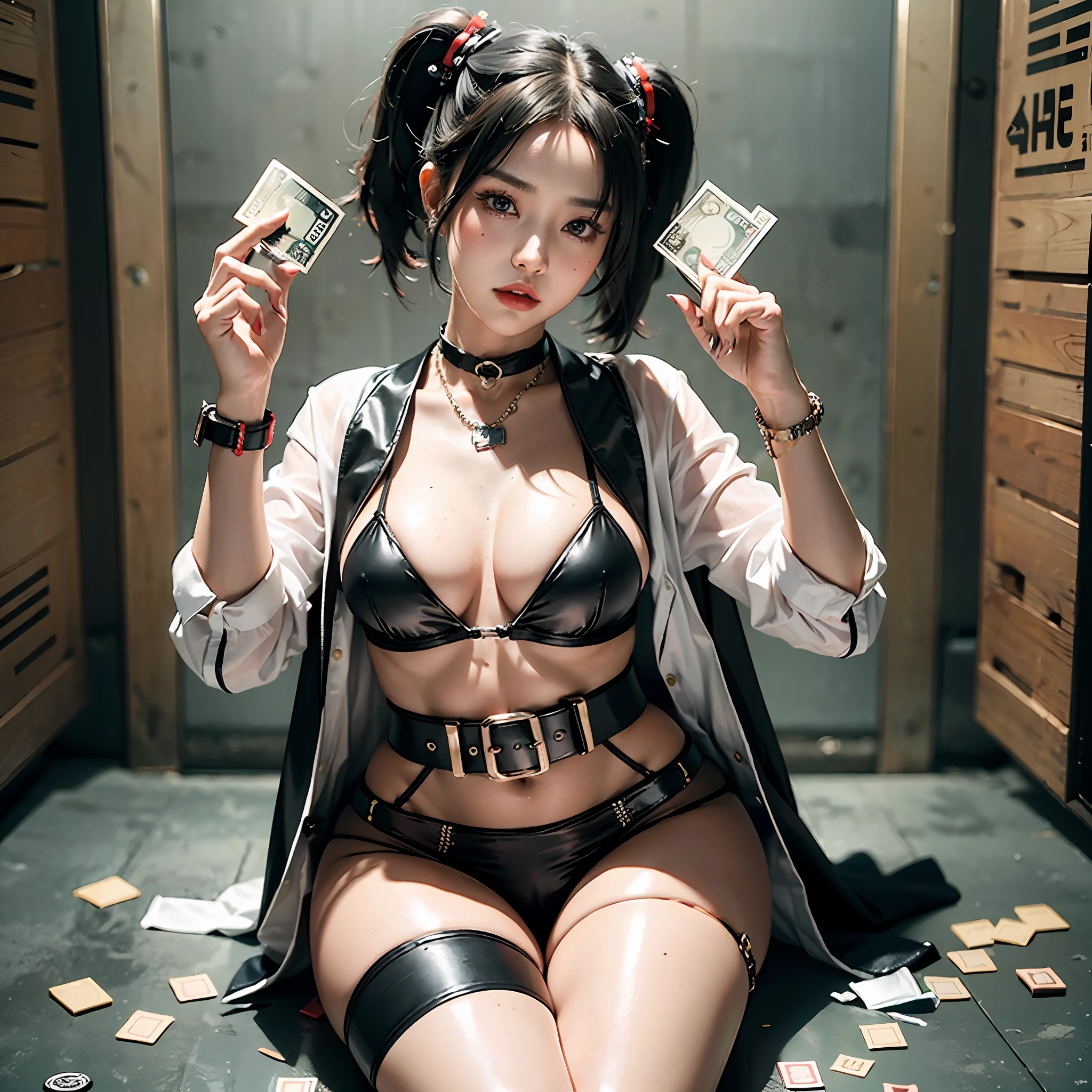 Geisha Harley Quinn as a Korean police officer counting money in a bank vault, pistol on her waist, police belt, Old Boy film style, military shirt unbuttoned revealing her breasts fully, thick camel toe exposed, large breasts exposed, nearly naked, Black hair bangs, (8k, RAW photo, photorealistic: 1.25), ( lip gloss, highest quality, ultra high resolution, depth of field, chromatic aberration) Staring at the viewer, hemp necklace, Rolex watch, choker, full body, bare legs, see-through military shirt, tight red bikini panties, Korean police badge, perfect hands, perfect feet, large ass, perfect body