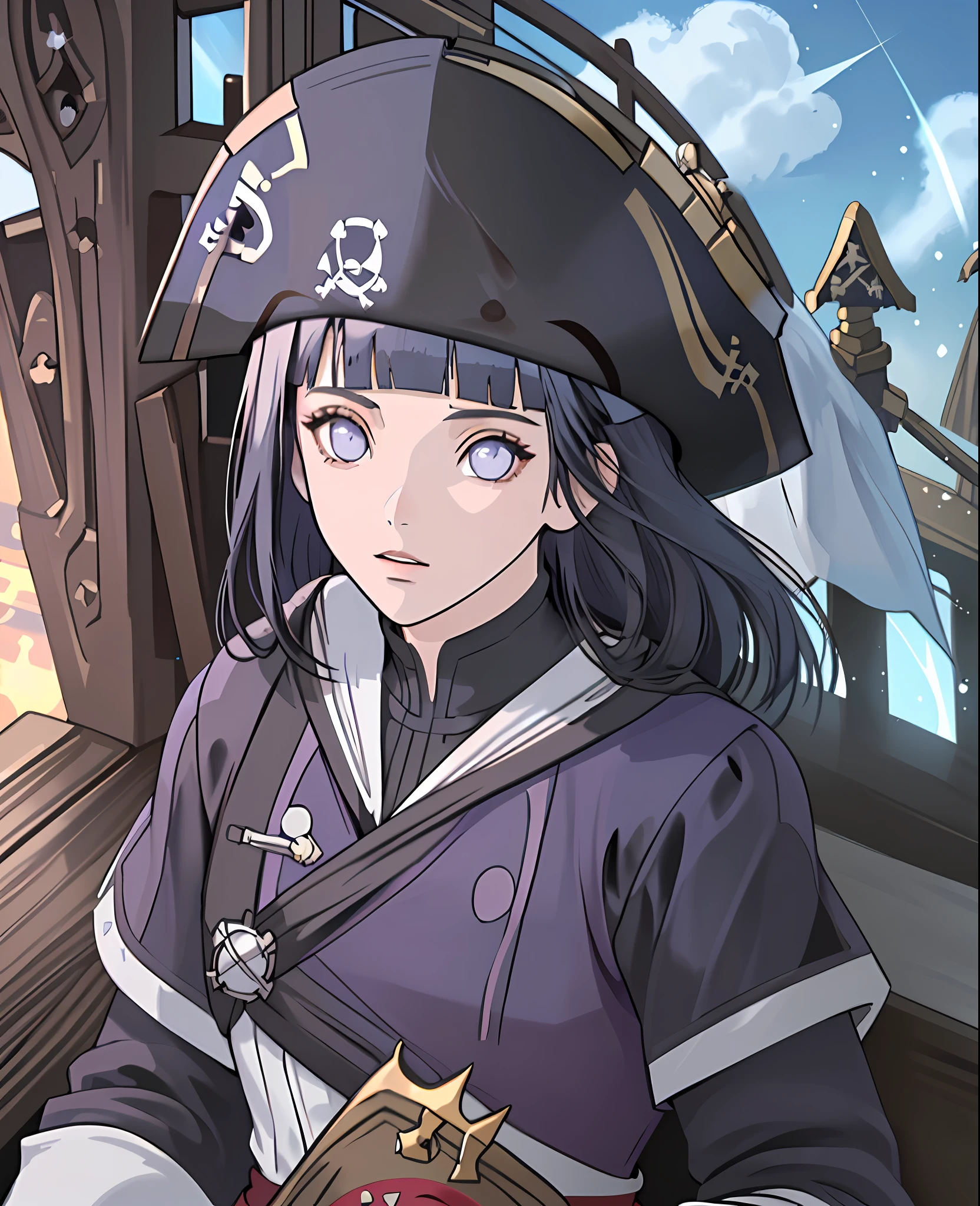 (((masterpiece))), ((best quality)), ((illustration)), ((beautiful detailed girl)), (beautiful detailed glow), (beautiful detailed eyes), ((highres)), ((detailed)), (((high resolution illustraion))), (ultra-detailed), ((detailed background)), 
((beautiful detailed face)),
((beautiful detailed eyes)), (beautiful detailed),  (dramatic light),  (long hair), ((dark blue hair)), Lighting, (detailed eyes), (((pirate outfit))), beautiful detailed sky, (((ship deck))), ((purple eyes)), long sleeves, black dress, white Frill, Eye highlights, ((blunt bangs)), (((perfect composition))), from above,  hinata/(boruto/), knee crop, ((pirate hat))