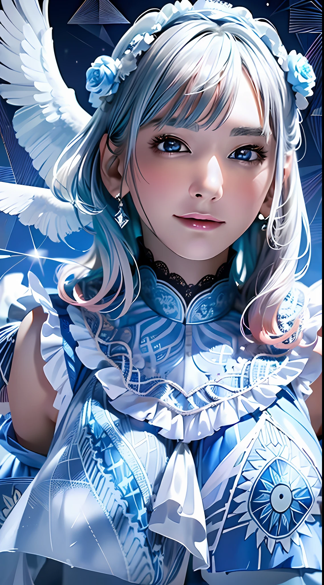 (1girl with white angel wings, slender, silver ornaments, silver hair:1.2), masterpiece, best quality, absurdres, wide angle, bloom, glow, (light pink and very light blue lace frills dress, geometric arabesque patterns, abstract zentangle background:1.4), dynamic lighting, dramatic lighting, photorealistic, highres, detailed face and eyes, sharp pupils, realistic pupils, sharp focus, (highest detailed, extreme detailed, ultra detailed, finely detail:1.5), --s2