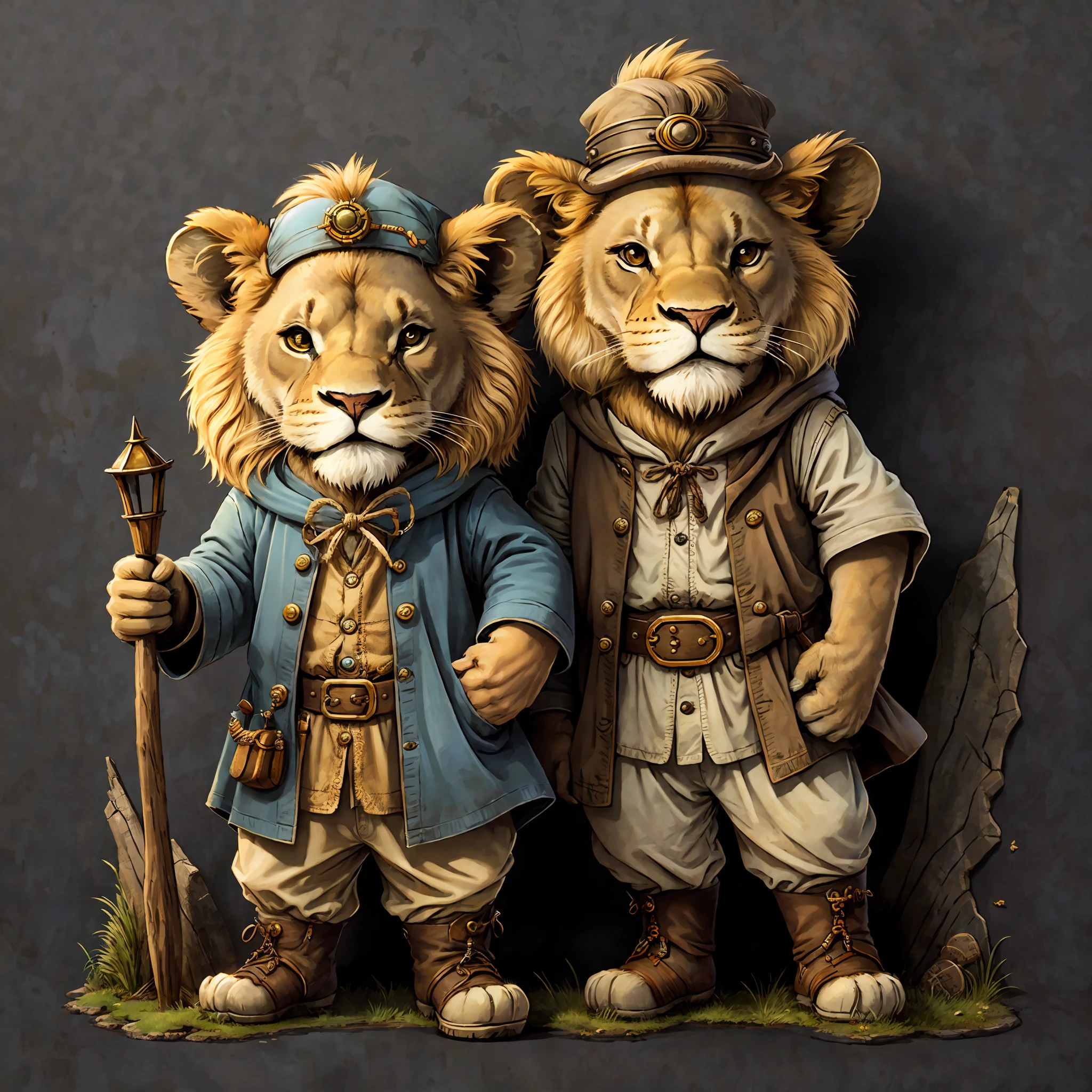 STICKER, cute cartoon sticker of a lion cosplaying as bilbo baggins, simple background, steampunk theme