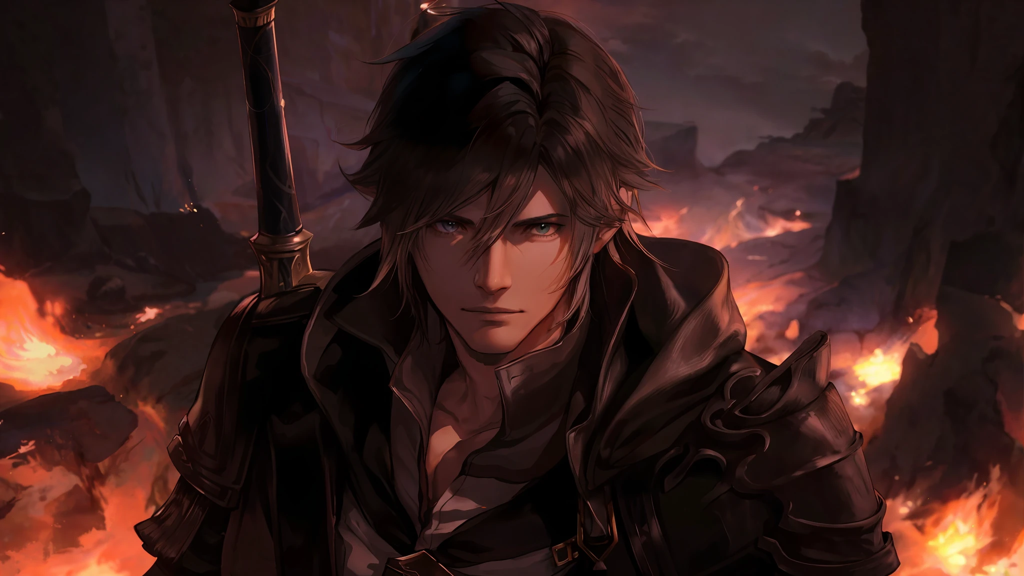 (Final Fantasy XVI) A close-up of a man with a sword on his back in front of a fire, Thancred Waters, Thancred Waters in the style of Wlop, Shadowbringers Cinematic, Portrait of Thancred, Final Fantasy 1 4 Screenshot, Square Enix Cinematic Art, Tsurumaki Kazuya, Final Fantasy 1 4, Handsome Prince of Persia.