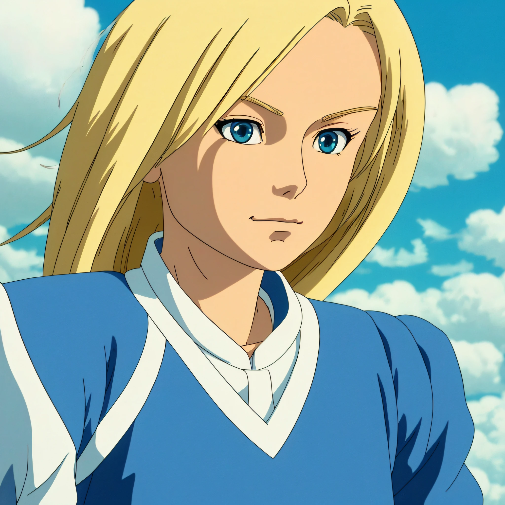 a closeup of a woman with long blonde hair and a blue and white outfit, Lux from League of Legends, Lux character from League of Legends, anime cartoon inspired by Hayao Miyazaki, anime look of a young woman, style in anime ghibli, in anime movie, screenshot of anime movie, looking somewhere,  serene features