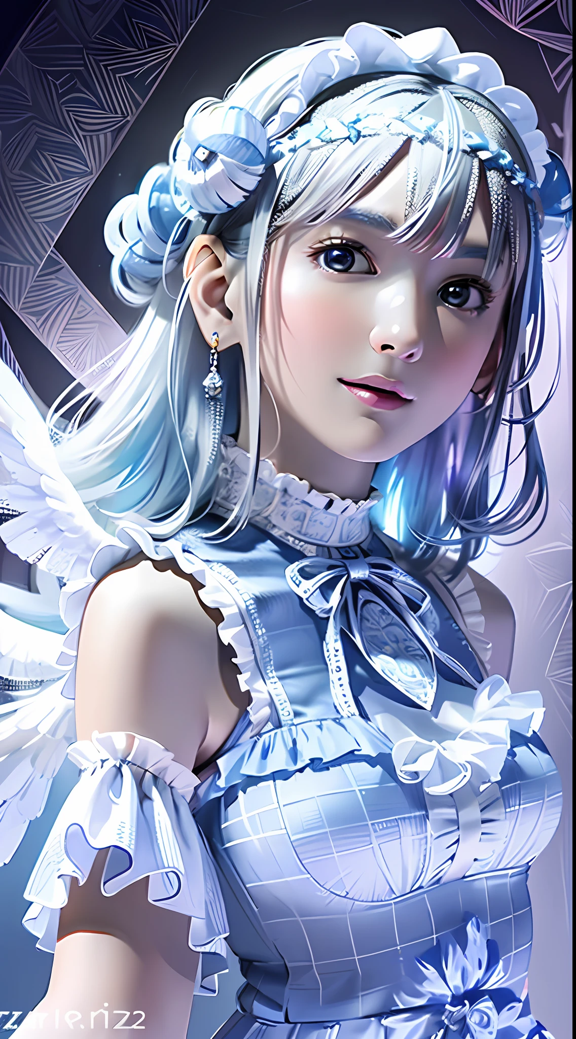 (1girl with white angel wings, slender, silver ornaments, silver hair:1.2), masterpiece, best quality, absurdres, wide angle, bloom, glow, (light pink and very light blue lace frills dress, geometric arabesque patterns, abstract zentangle background:1.4), dynamic lighting, dramatic lighting, photorealistic, highres, detailed face and eyes, sharp pupils, realistic pupils, sharp focus, (highest detailed, extreme detailed, ultra detailed, finely detail:1.5), --s2