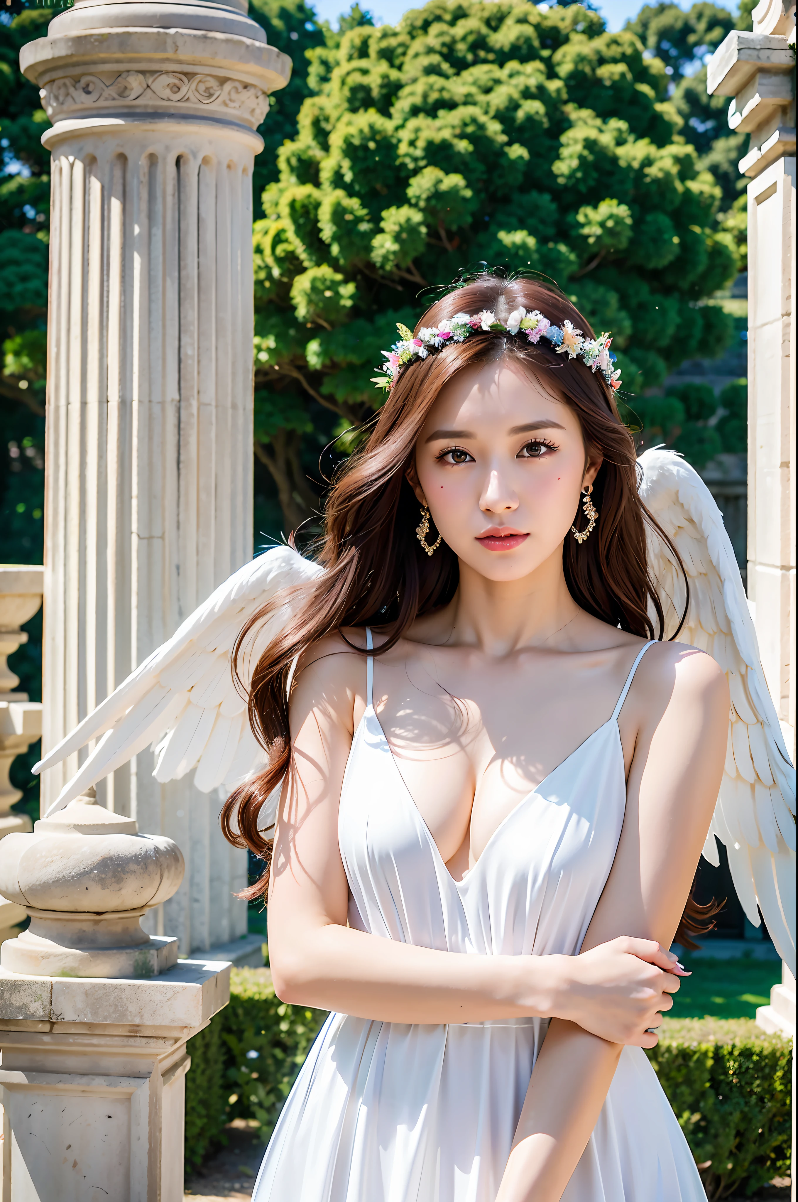 Dressed up with winged cute angel, wearing a beautiful garland on the head, symmetrical white feather material simulation of huge wings, exquisite details, HD, 8k, (best quality, masterpiece: 1.2), portrait, breast, outdoors, ancient buildings, tall stone pillars, stone railings, a 25-year-old woman named Yiping in an ancient castle: 2, eyes looking at the camera, natural expression, posture do not stiff, curly wavy long hair, white dress long dress, the same character, various poses, different angles, backlight :1.5,Rich skin details:1.5,