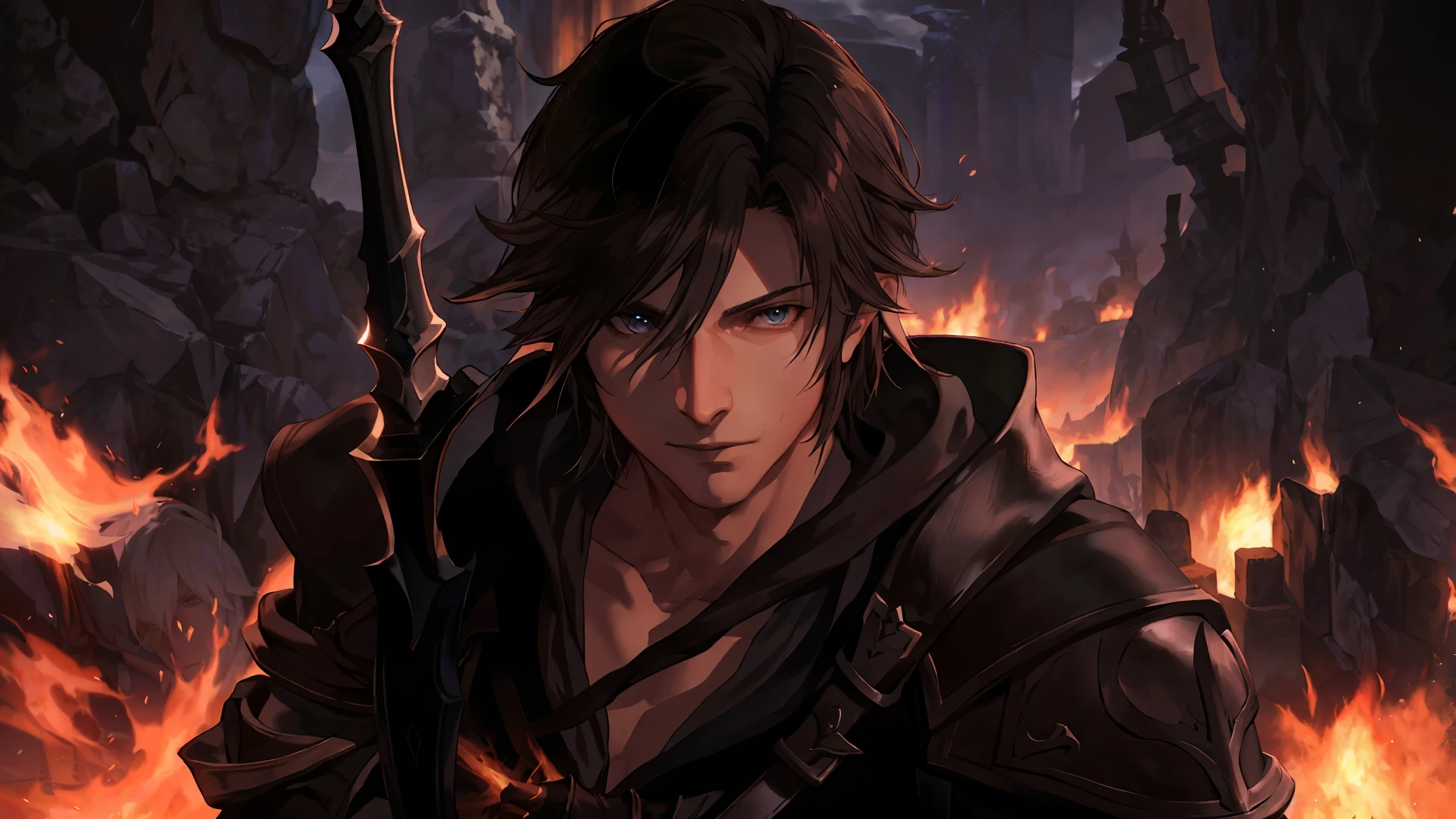 (Final Fantasy XVI) A close-up of a man with a sword on his back in front of a fire, Thancred Waters, Thancred Waters in the style of Wlop, Shadowbringers Cinematic, Portrait of Thancred, Final Fantasy 1 4 Screenshot, Square Enix Cinematic Art, Tsurumaki Kazuya, Final Fantasy 1 4, Handsome Prince of Persia.