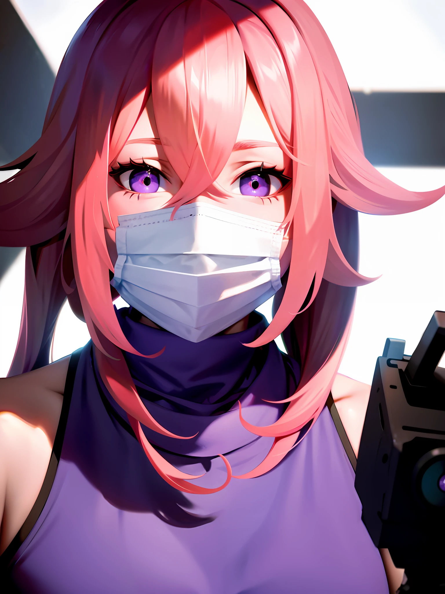 Masterpiece, best, 1 girl , upper body, pink hair, bright eyes, purple eyes, shirt,surgical mask