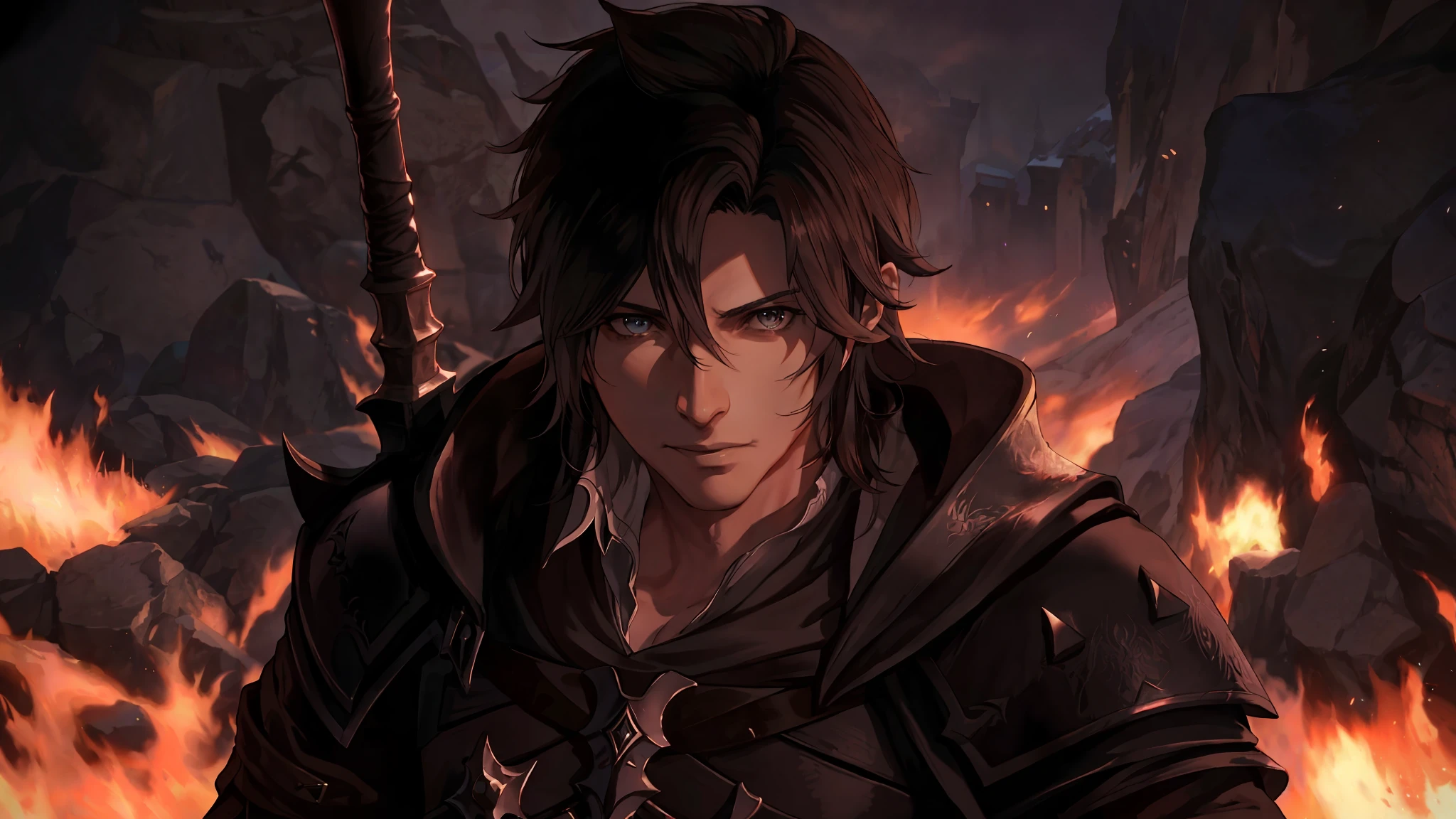 (Final Fantasy XVI) A close-up of a man with a sword on his back in front of a fire, Thancred Waters, Thancred Waters in the style of Wlop, Shadowbringers Cinematic, Portrait of Thancred, Final Fantasy 1 4 Screenshot, Square Enix Cinematic Art, Tsurumaki Kazuya, Final Fantasy 1 4, Handsome Prince of Persia.