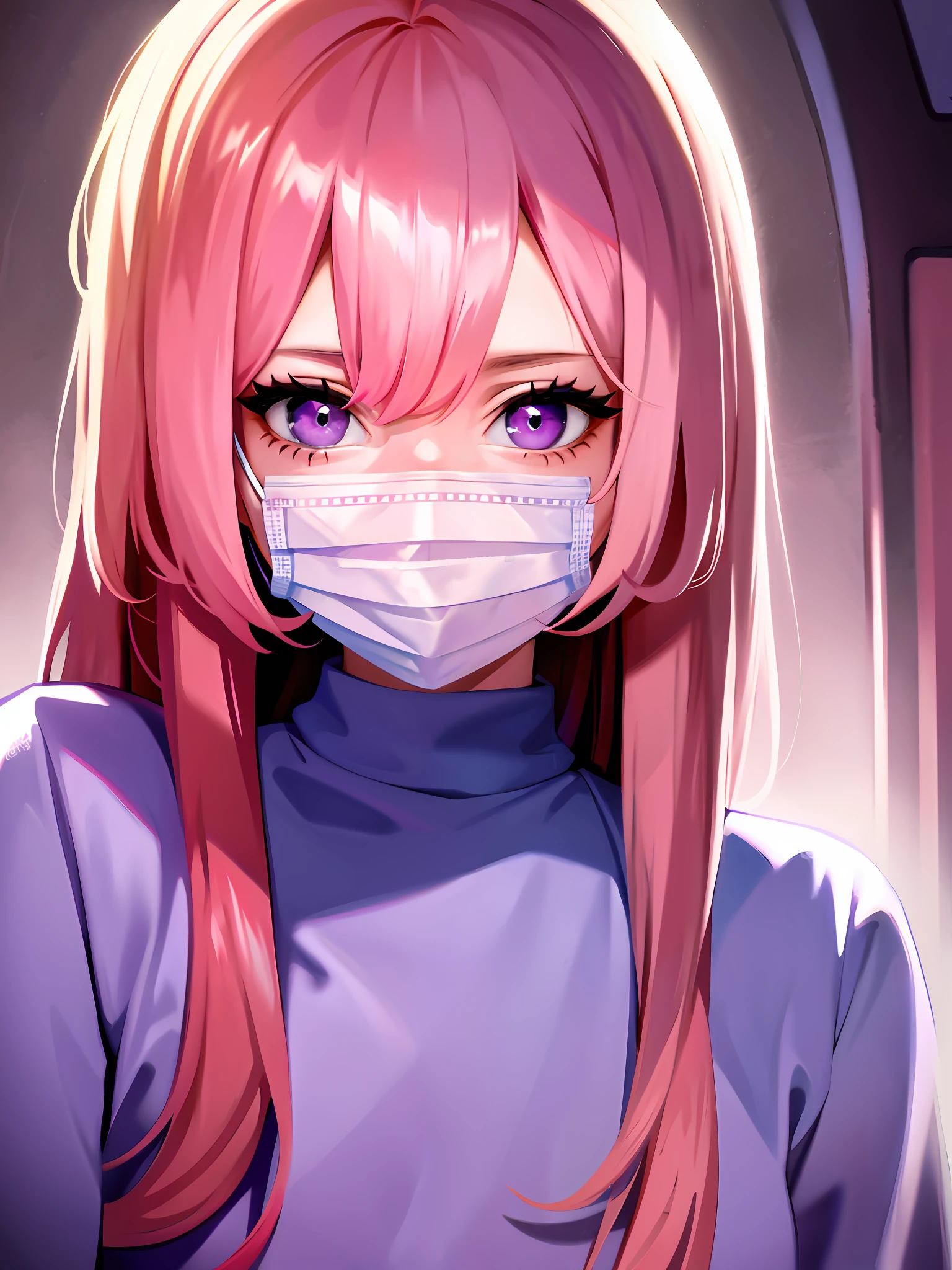 Masterpiece, best, 1 girl , upper body, pink hair, bright eyes, purple eyes, shirt,surgical mask