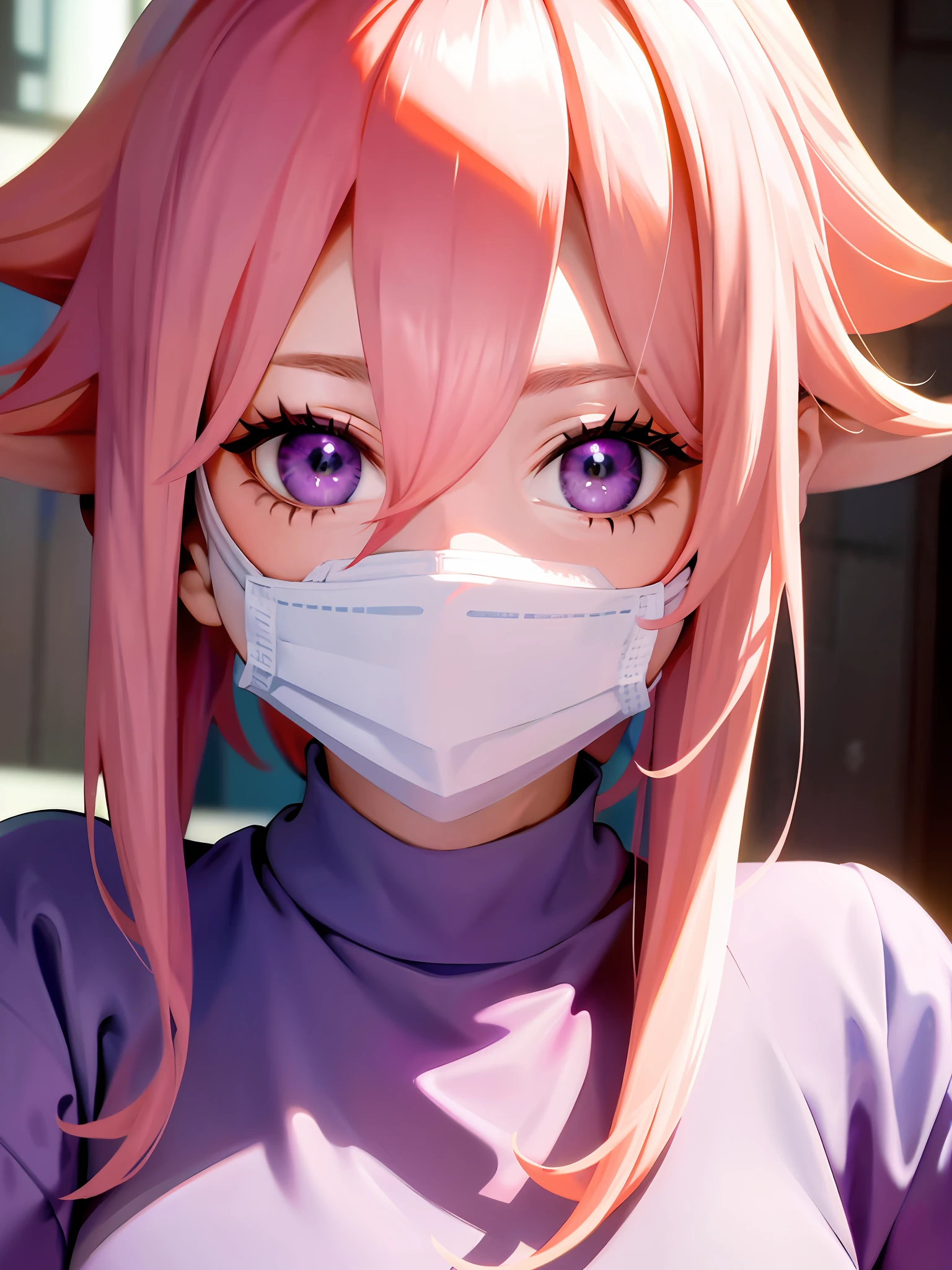 Masterpiece, best, 1 girl , upper body, pink hair, bright eyes, purple eyes, shirt,surgical mask