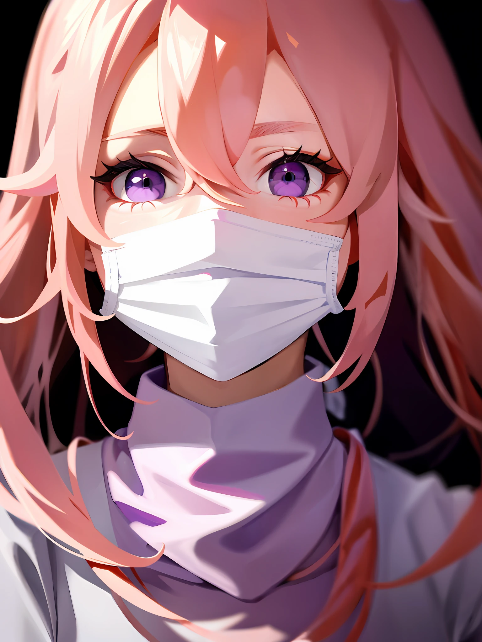 Masterpiece, best, 1 girl , upper body, pink hair, bright eyes, purple eyes, shirt,surgical mask