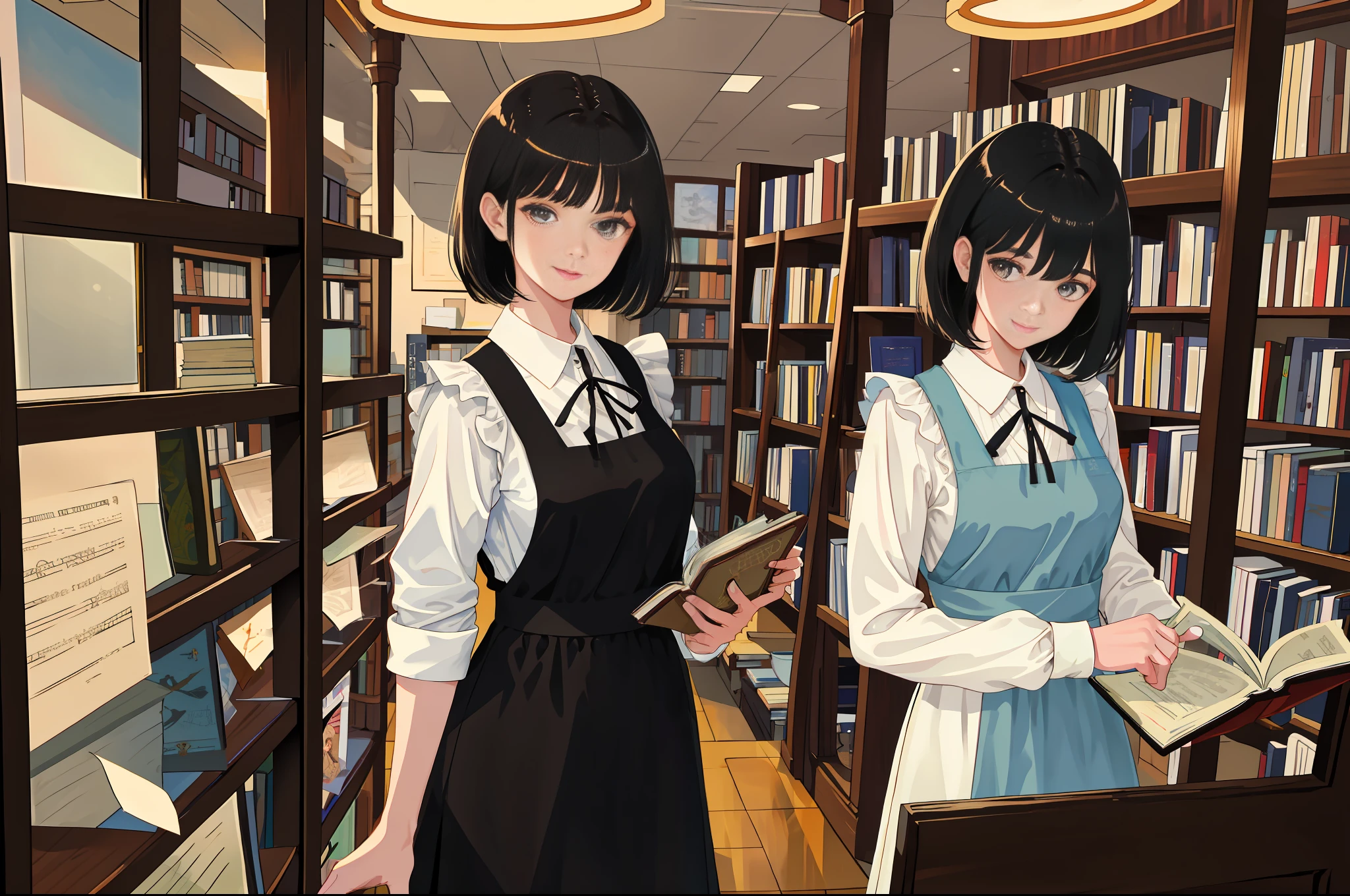 masterpiece, (top quality: 1.2), illustration, female clerk in a used bookstore, short black hair, beautiful face, 18 years old, apron, beautiful smile, beautiful eyes, perfect proportions, 200mm F1.4 lens, holding a bunch of books,