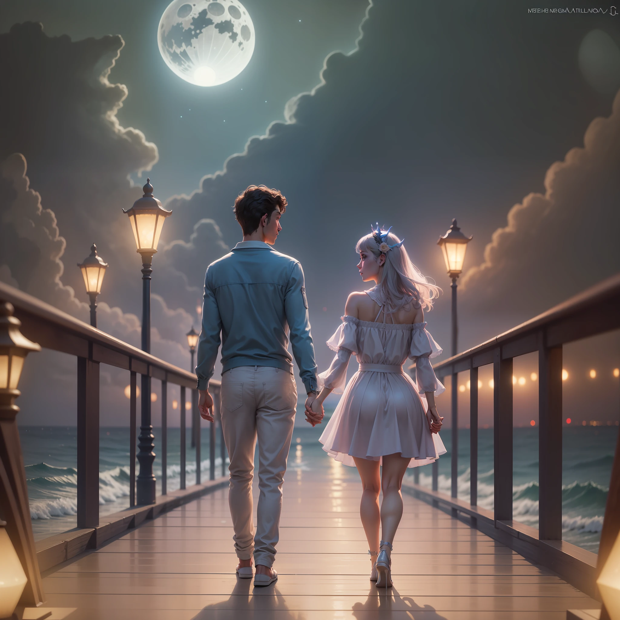 there are two people walking on a pier at night, holding hands in the moonlight, surreal scene, walking together, twilight ; digital painting, setting is bliss wallpaper, she is approaching heaven, walking away, (fantasy), inspired by Tim and Greg Hildebrandt, take my hand, dreamy and romantic, she is arriving heaven, fantasy, romantic!!!, couple walking hand in hand