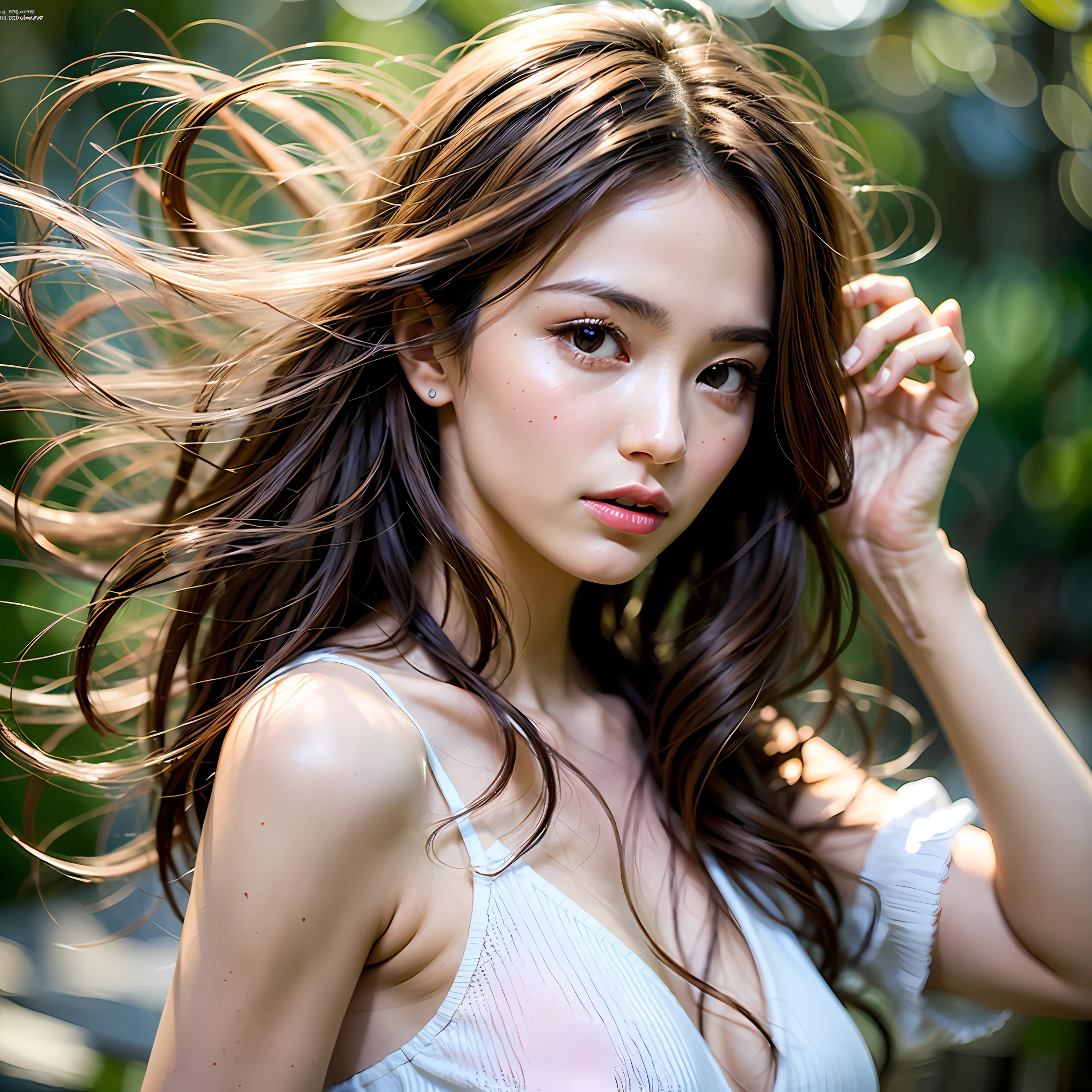 depth of field, lifelike, realistic, super detailed, beautiful, slender, cute, 30s, beautiful features, actress, mature, upper body, bright brown hair, thin hair, small face, live-action, highest quality, very elaborate CG Unity 8K wallpaper, ultra high resolution, natural fashion, lighting, medium hair, (puffy eyes), model figure, light on hair, turn around pose, Ash brown hair, model pose, studio shoot, white background, delicate skin type, light wavy hair close to straight hair, hands around mouth, adult clothes, hair model shoot, hair fluttering in the wind, transparent hair, fine hair fineness, soft hair, fine skin, bright photo, less hair, angle of pull