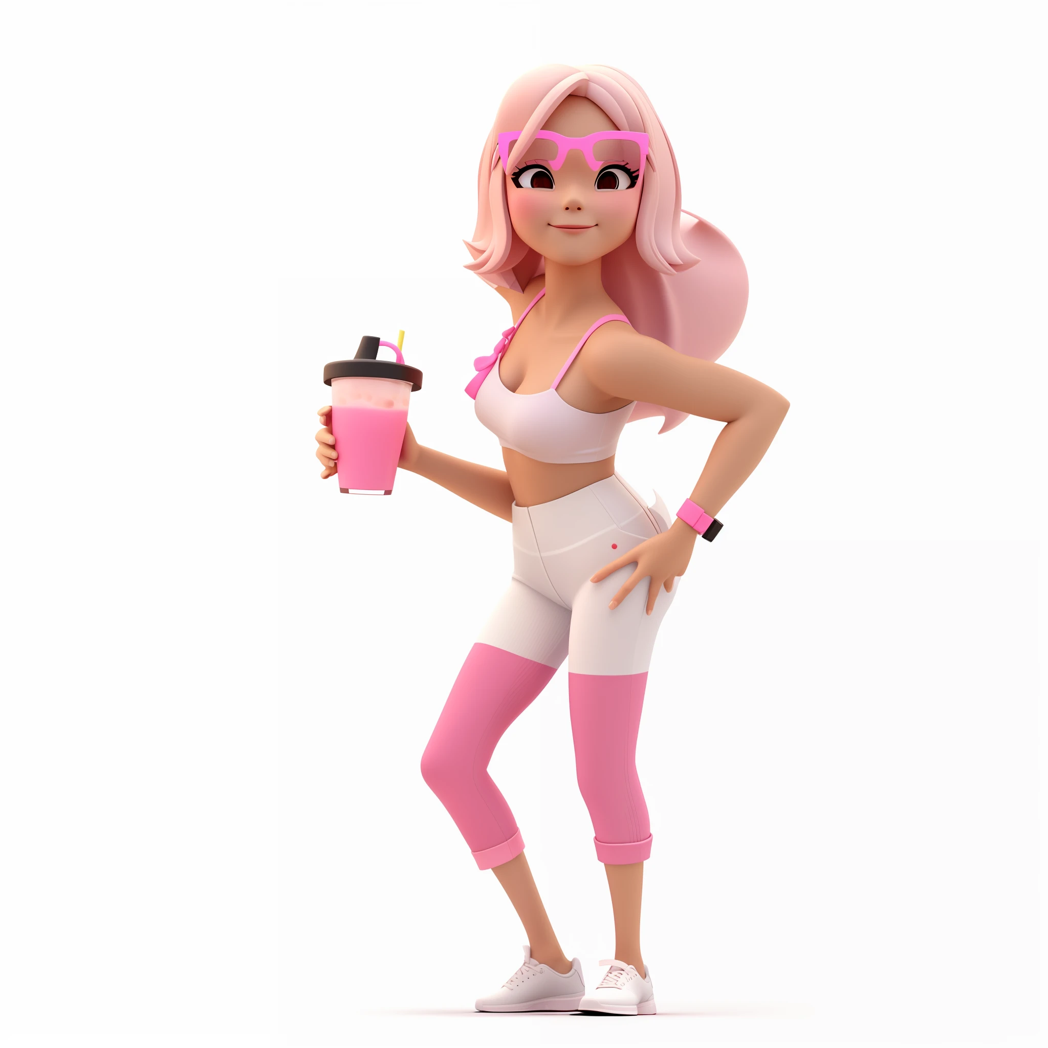 cartoon woman with a pink drink, character is in her natural pose, render 3 d of a full female body, render of April, depicted as a 3 d render, 3d character, 3d character, full body potrait holding bottle, render of a cute 3d anime european girl, smoth 3d illustration, smoth illustration smoth, european girl, European 3D without glasses, can not wear glasses