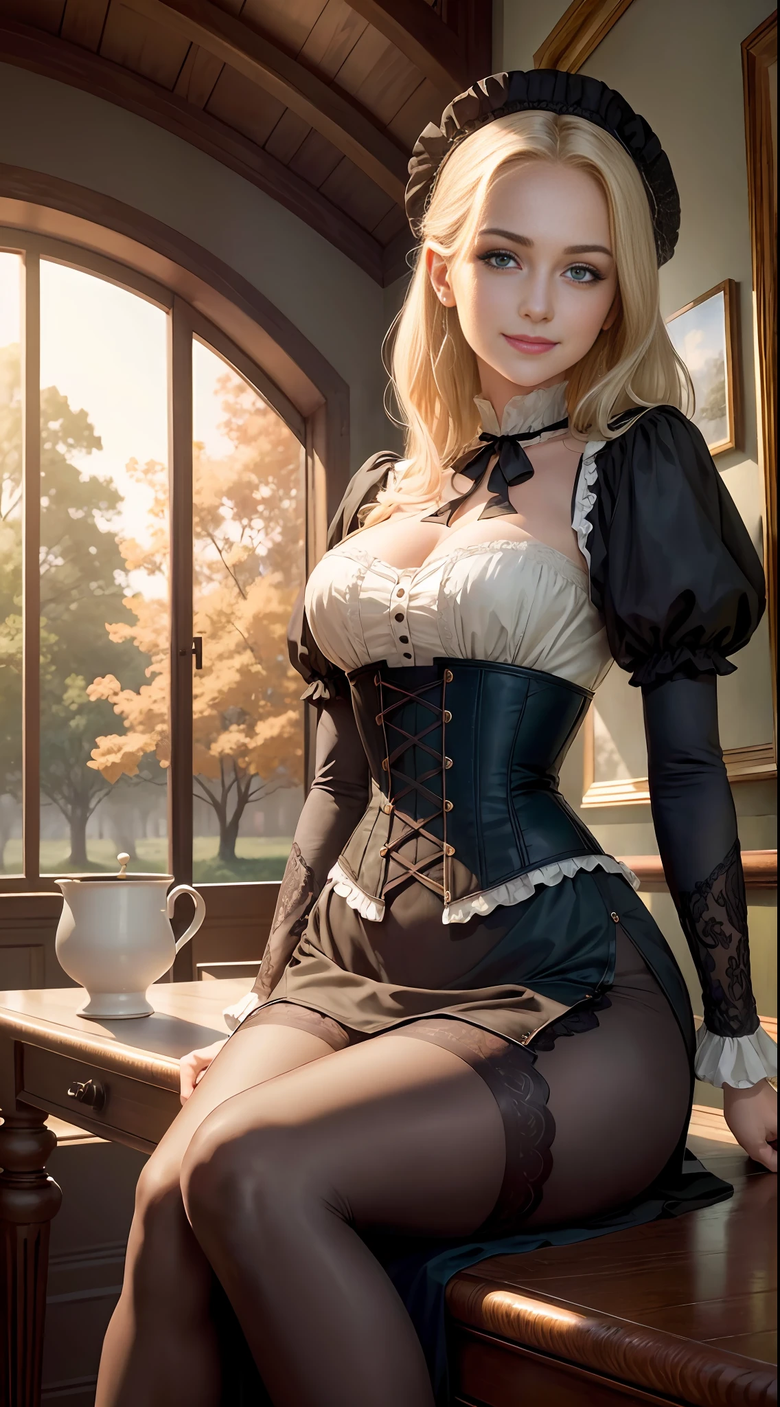 8k uhd, dslr, film grain, Fujifilm XT3, (best quality: 1.3), (masterpiece: 1.1), high resolution, cinematic light, intricate details, (photorealistic), outside, beautiful outside, sunny,
hot beautiful blonde woman, goddess of beauty, hot maiden, the queen of lust, perfect woman, blue eyes, long loose hair, silky skin, fleshy lips, (in coffee: 1.5), bobcut covines, looking at the viewer, detailed trees, langerie, low-cut corset, lacy pantyhose, headrest, sitting, indoors (Victorian era), (teasing smile), (full body: 1.6), slender,