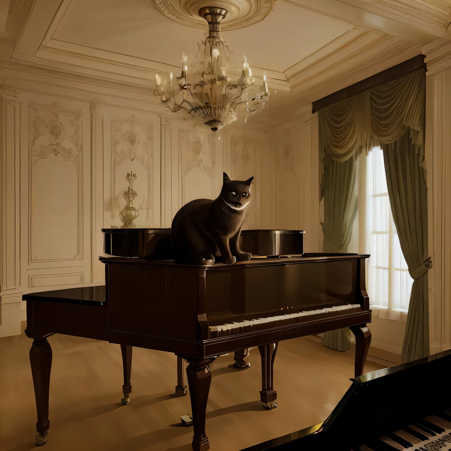 [(cat on top of the grand piano):((cat on top of the [grand piano|piano])):0.2], [hall with green walls, [white curtains], [[parquet floor]]:0.2], [[vintage illumination], [[volumetric lighting]], best quality:0.4], [[intricate details], [fine details]:0.5]