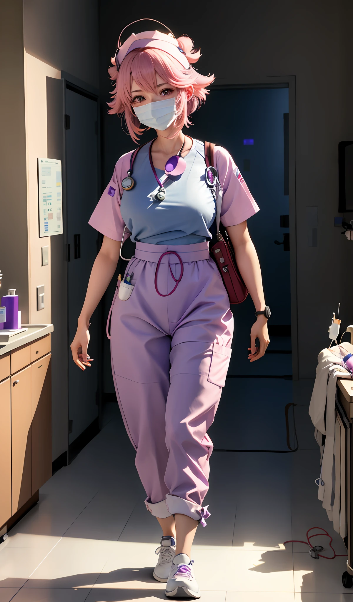 4k, realistic, carismatic, very detail, there is a girl in hospital, she is a doctor, baggy pants, white theme, cute hair, 22 years old, full body, wearing white-blue sneakers, wearing a stethoscope on neck, blue medical gloves, red emergency backpack, (walking into operating room:1.5), anime, pink hair, purple eyes, yae miko