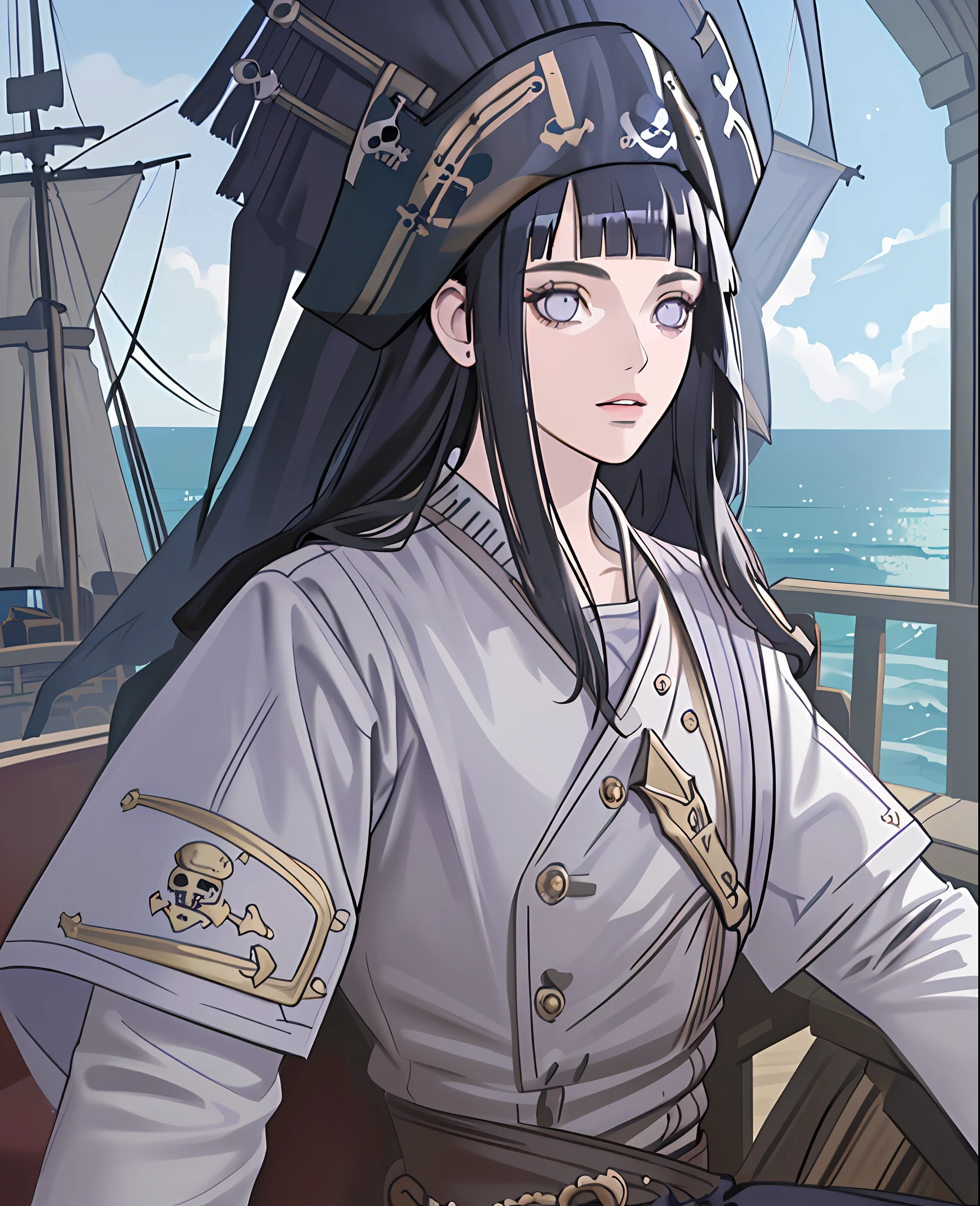 (((masterpiece))), ((best quality)), ((illustration)), ((beautiful detailed girl)), (beautiful detailed glow), (beautiful detailed eyes), ((highres)), ((detailed)), (((high resolution illustraion))), (ultra-detailed), ((detailed background)),
((beautiful detailed face)),
((beautiful detailed eyes)), (beautiful detailed), (dramatic light), (long hair), ((dark blue hair)), Lighting, (detailed eyes), (((pirate outfit))), beautiful detailed sky, (((ship deck))), ((purple eyes)), long sleeves, black dress, white Frill, Eye highlights, ((blunt bangs)), (((perfect composition))), from above, hinata/(boruto/), knee crop, ((pirate hat)), detailed lips
